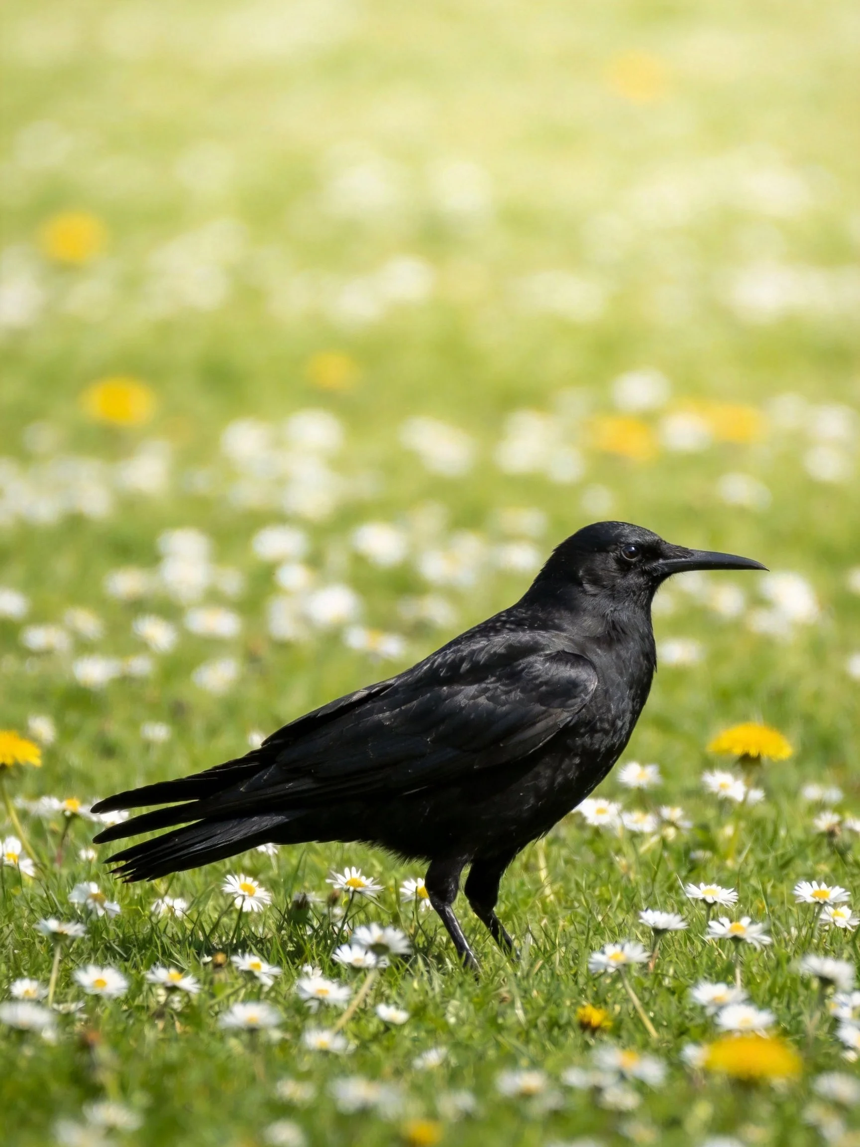 A sleek black crow stands among white and yellow wildflowers in alush meadow