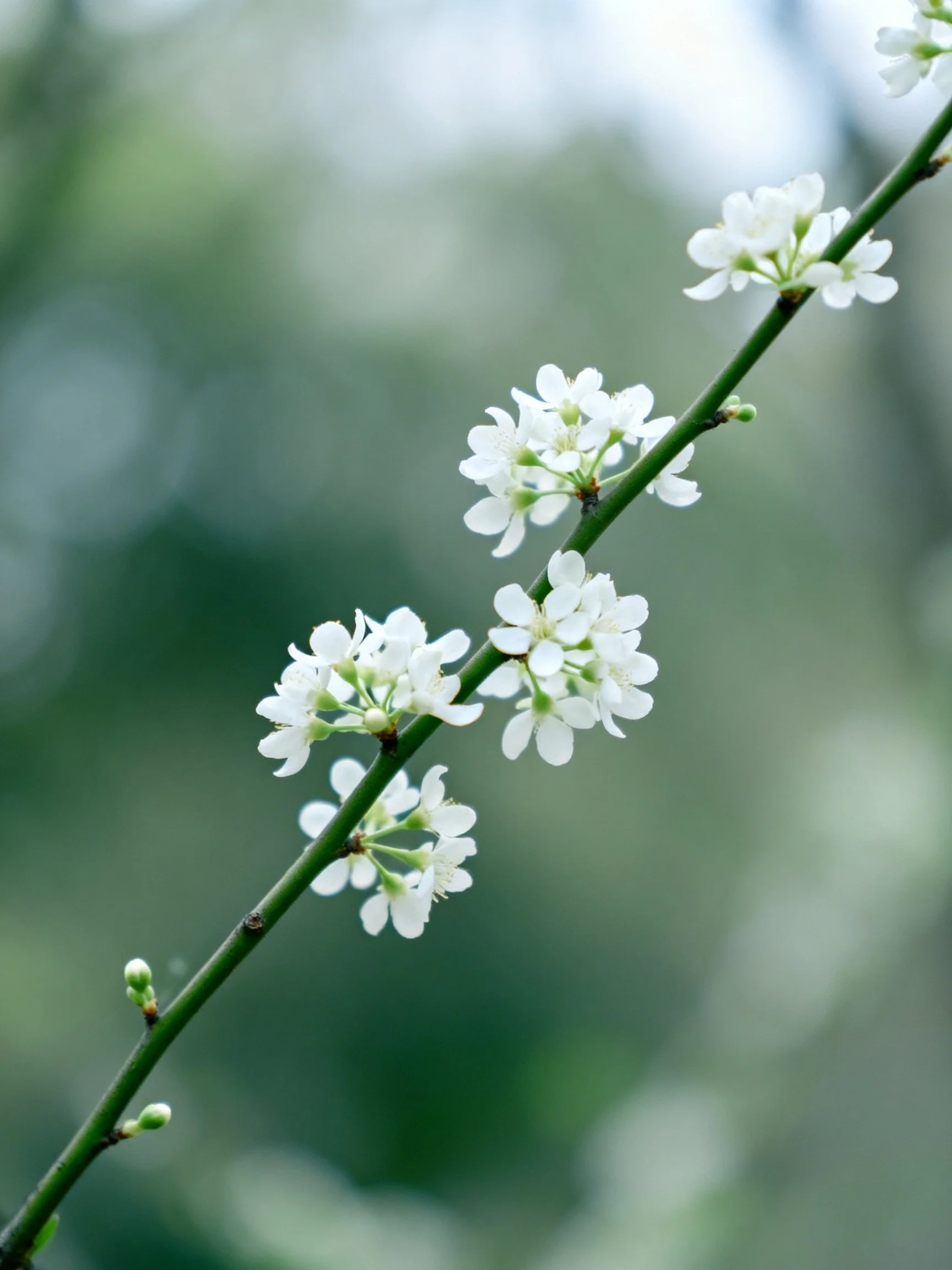 A slender green branch bears clusters of tiny white blossoms on a soft green backdrop