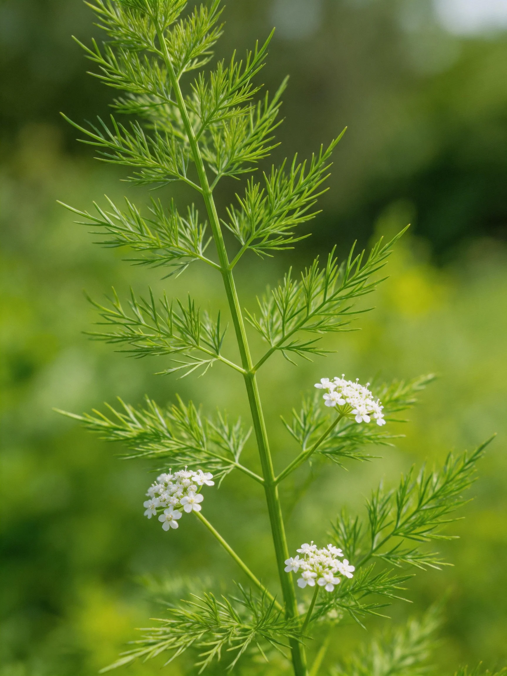A slender plant with feathery green fronds and tiny white flower clusters