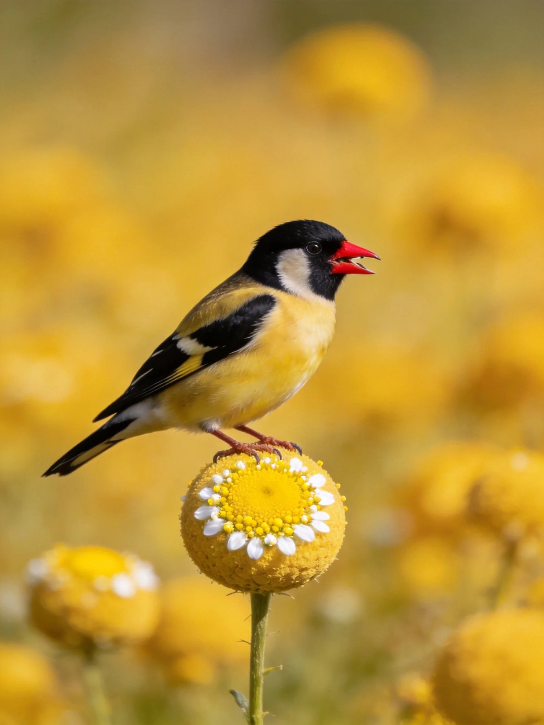 A small bird with black, yellow, and red feathers rests on a round yellow flower in a field of similar blooms.