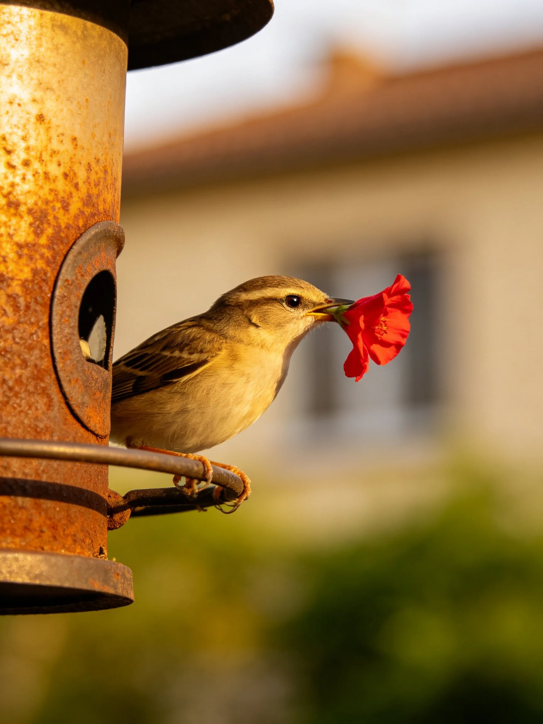 A small brown bird holds a red flower from a rusted feeder