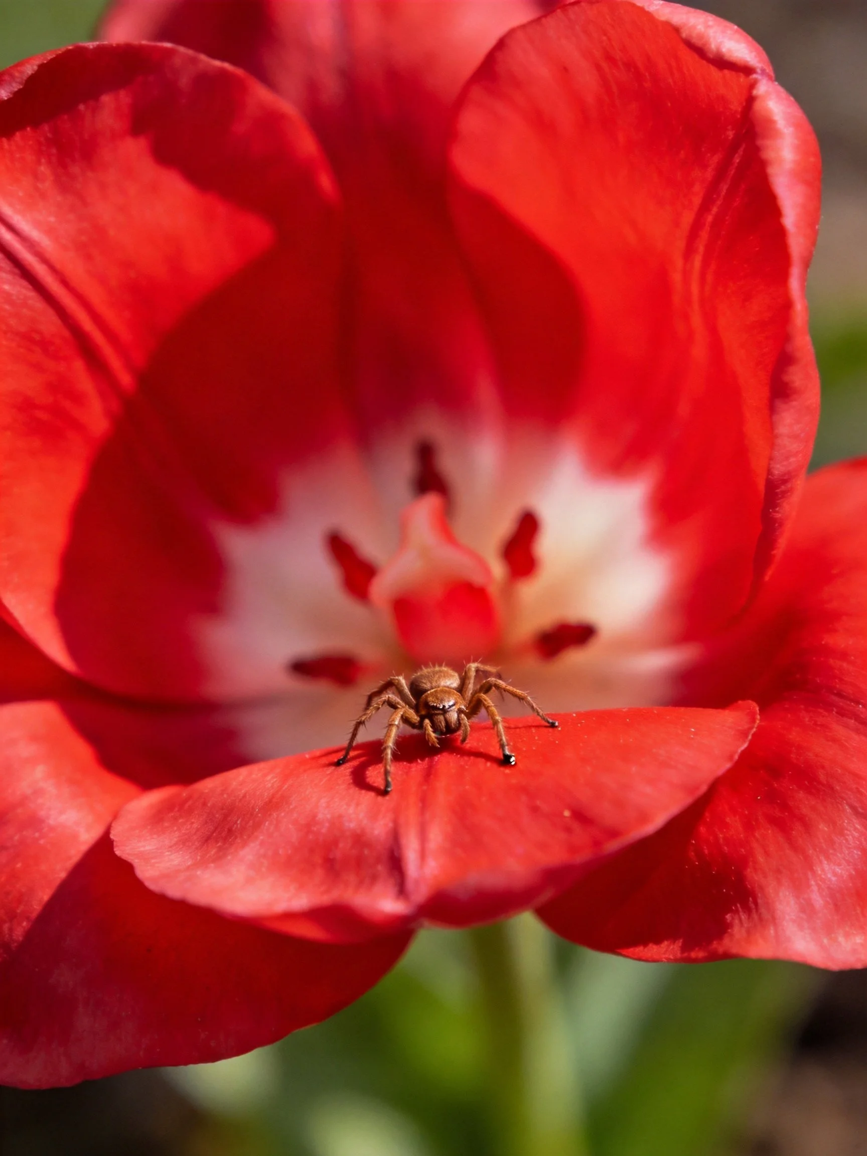 A small brown spider on a vibrant red flower