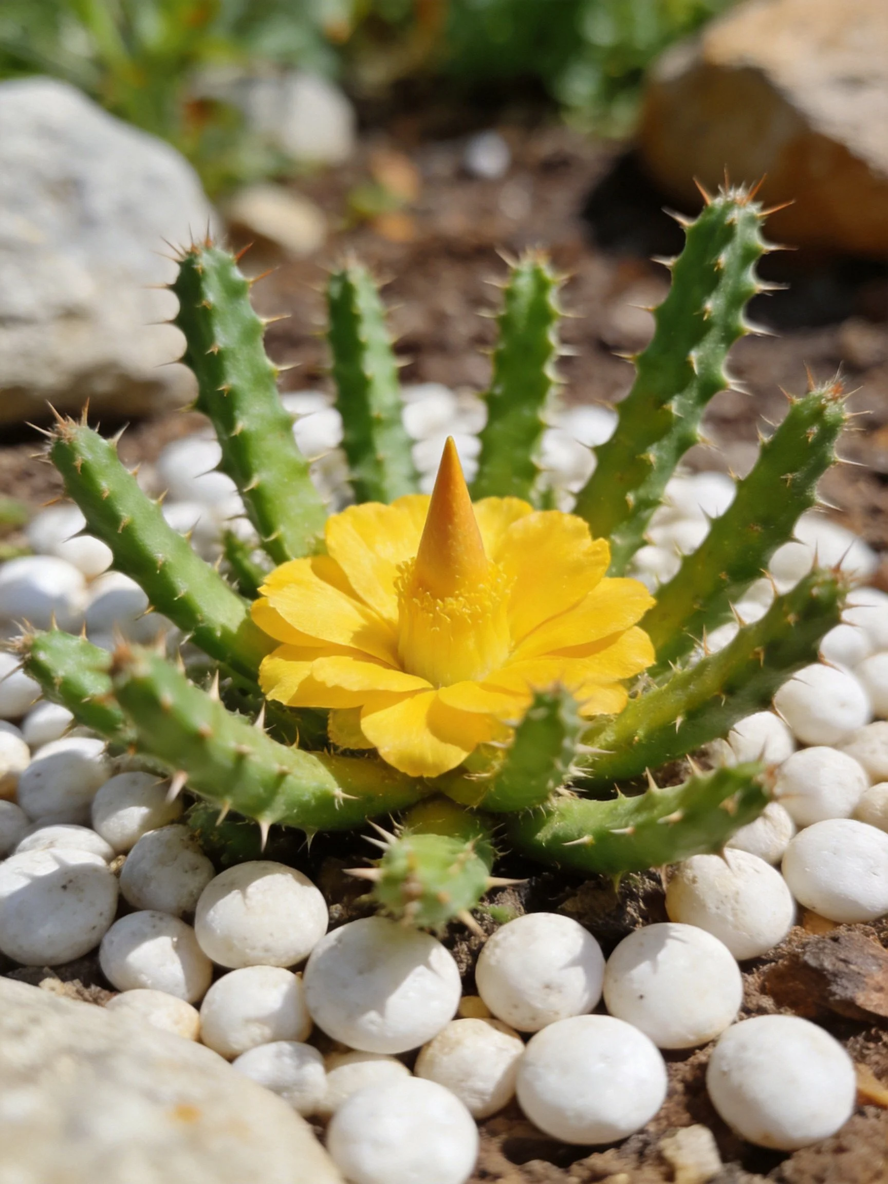 A small cactus with bright yellow flower among white pebbles
