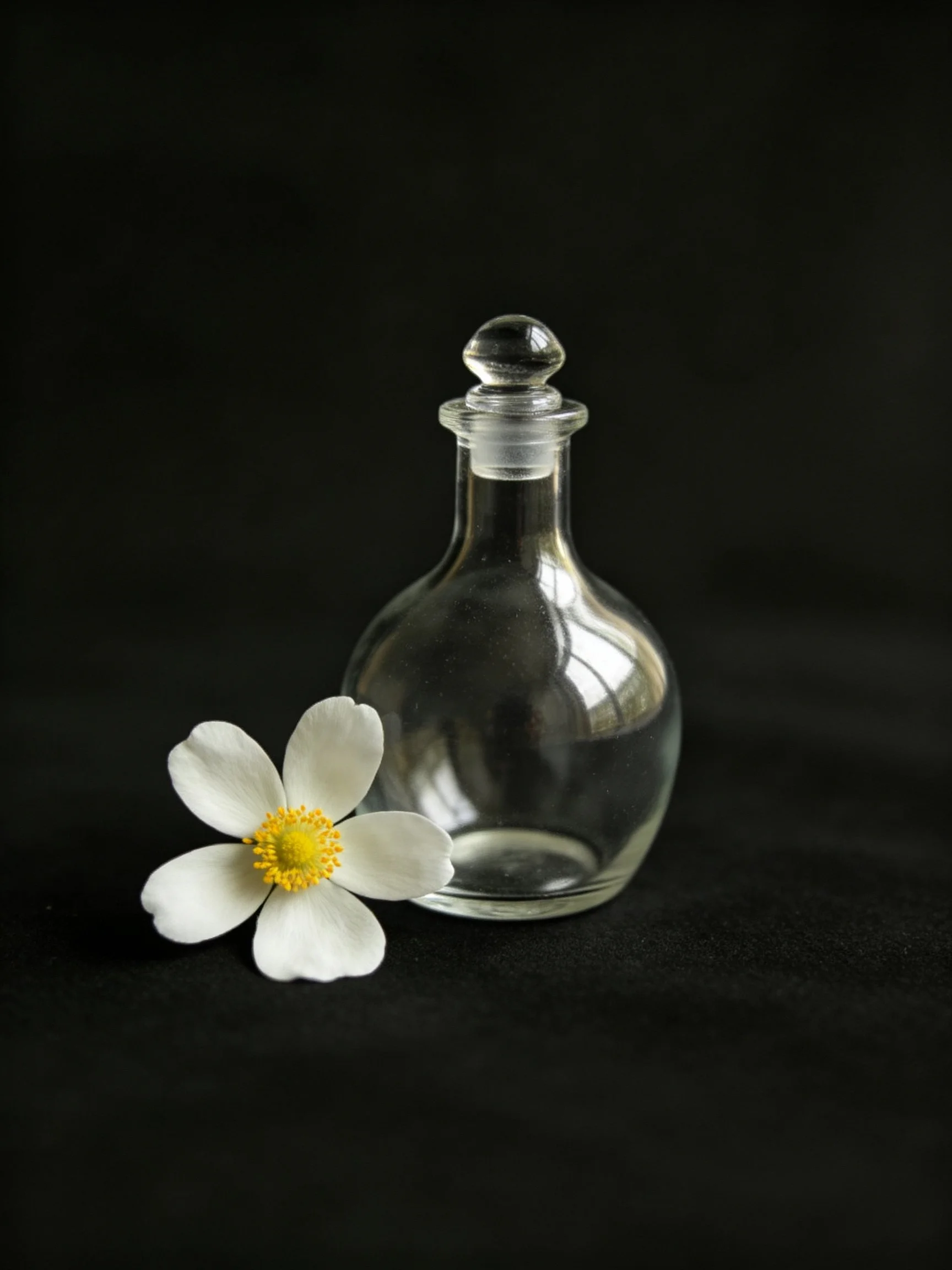 A small clear glass bottle beside a white flower with a yellow center
