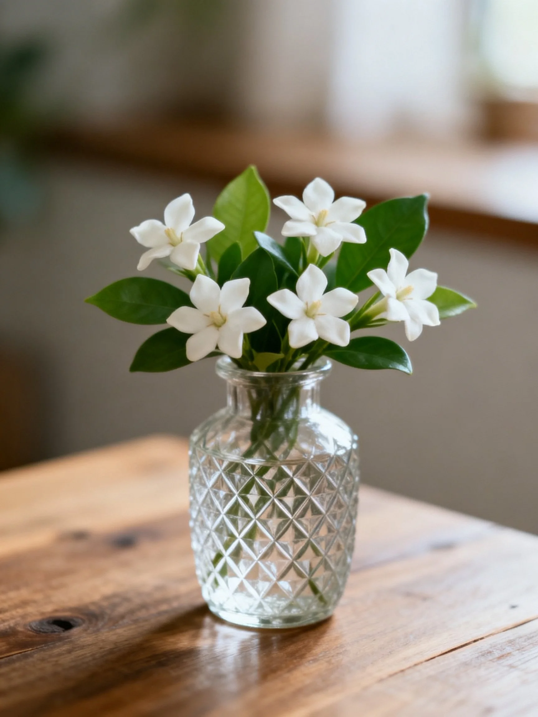 A small crystal vase holds five white flowers with green leaves on a wooden table.