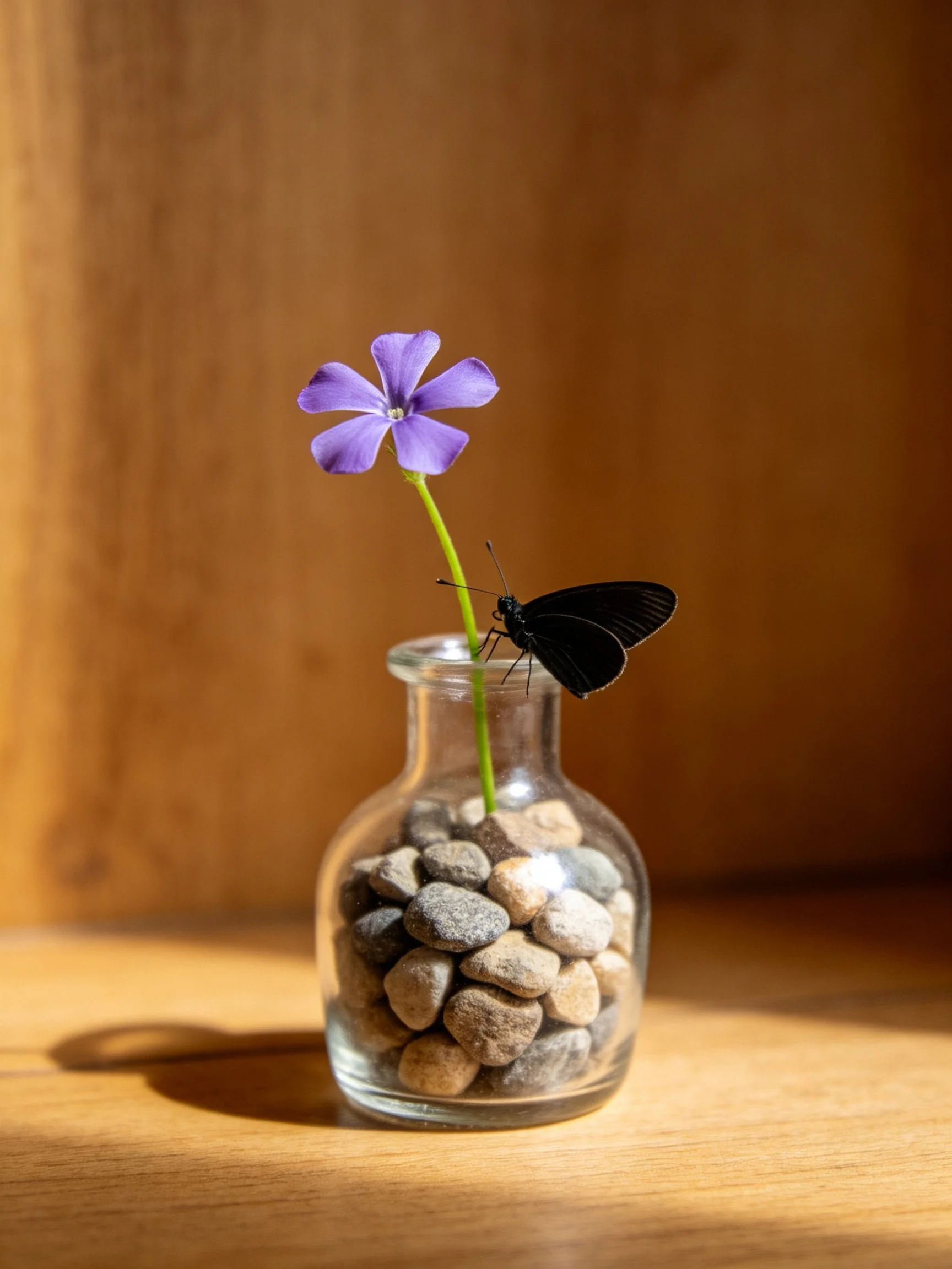 A small glass vase with stones, a purple flower, and a black butterfly