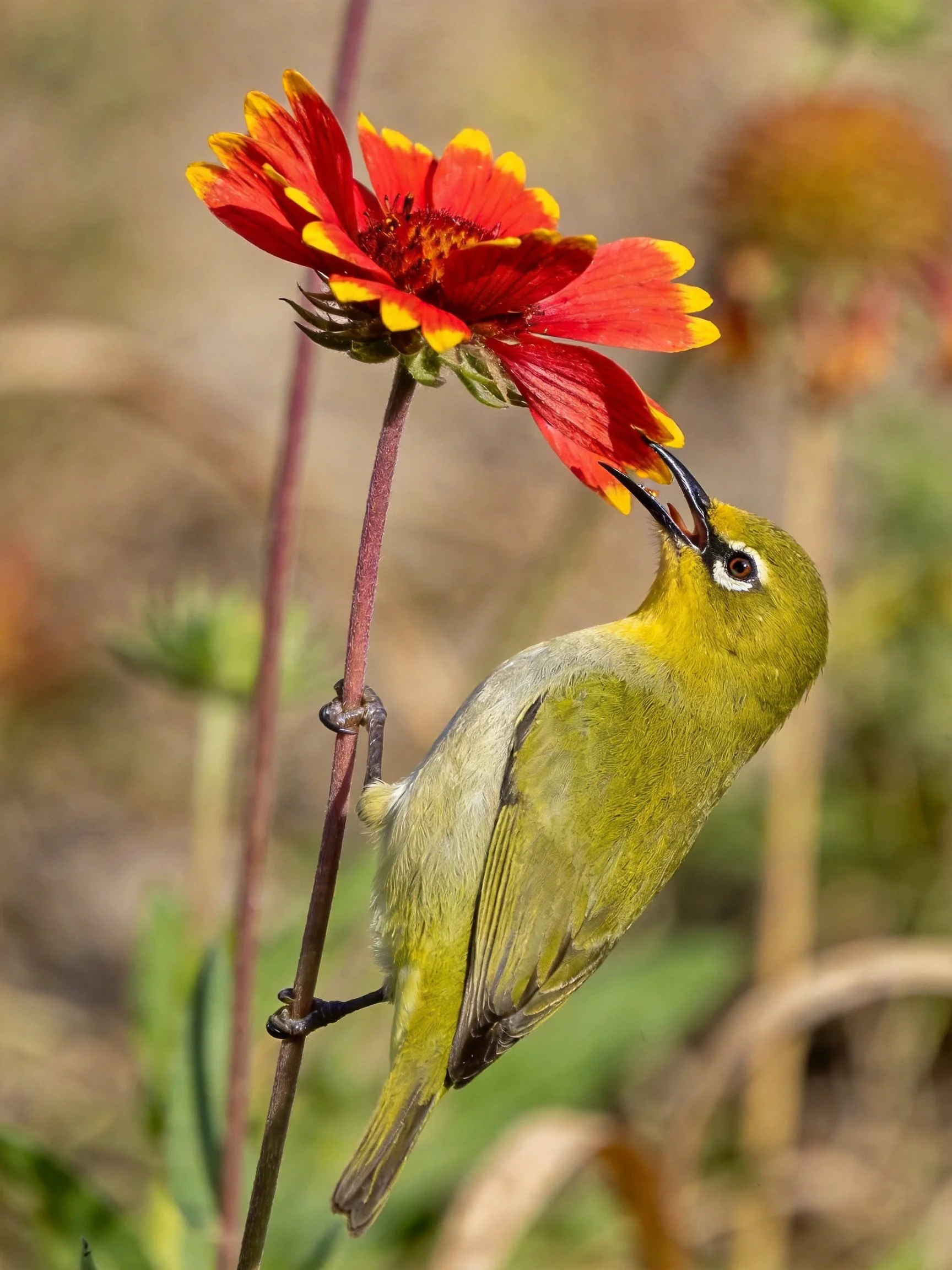 A small green bird feeding from a vibrant red-yellow flower