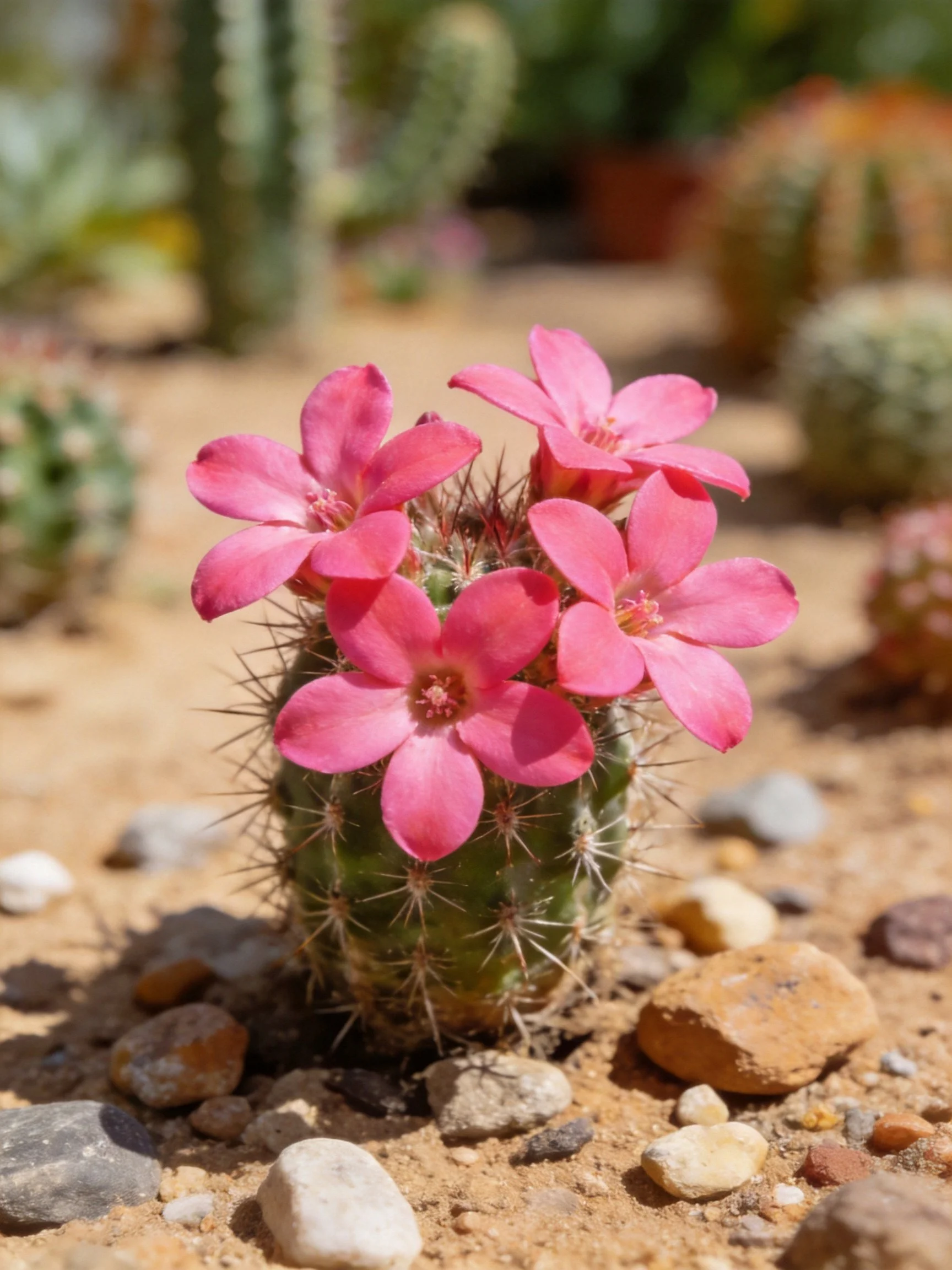 A small green cactus blooms with vibrant pink flowers amid scattered stones