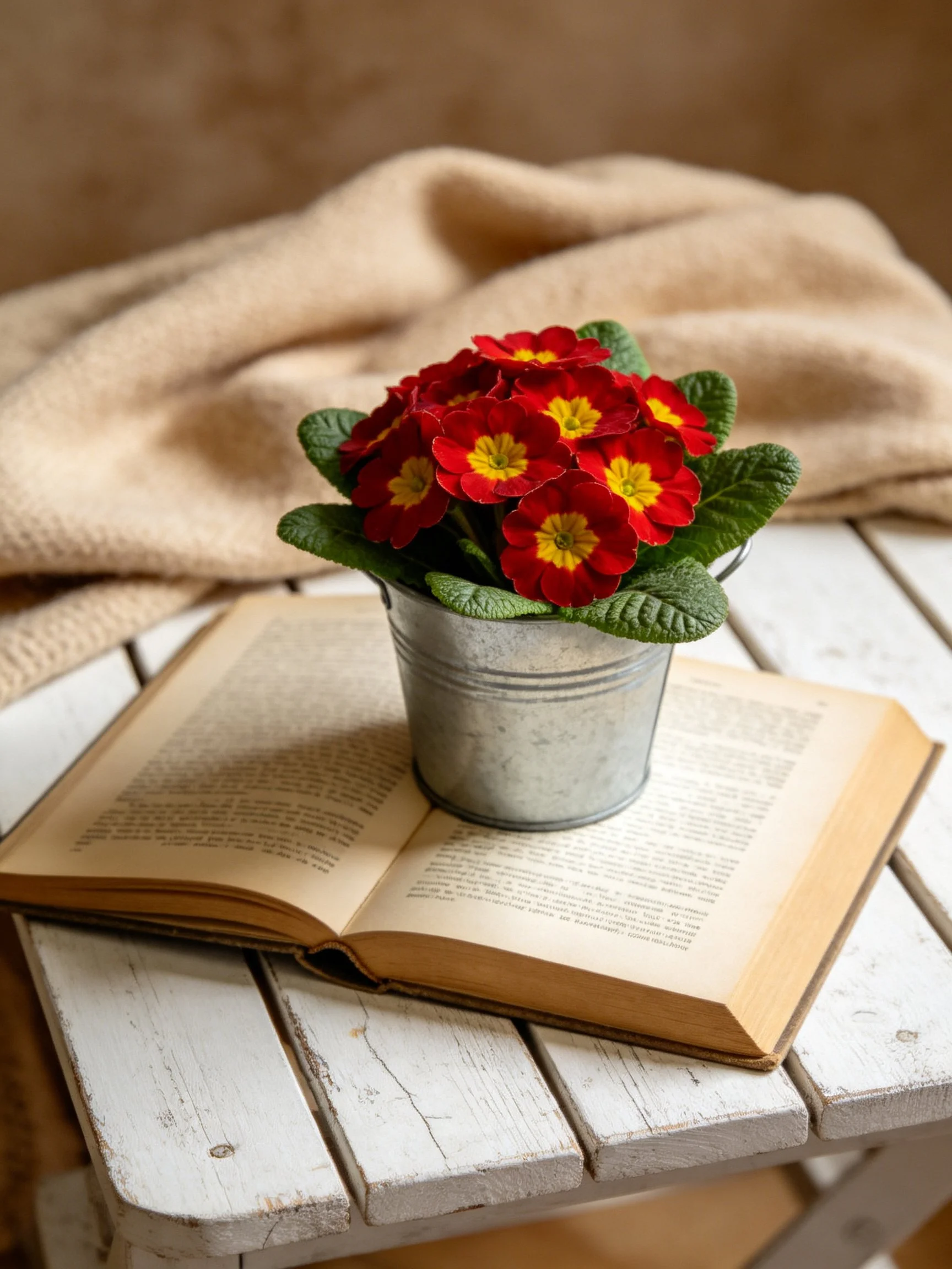 A small metal bucket holds vibrant red-yellow flowers on an open book atop a white wooden table.