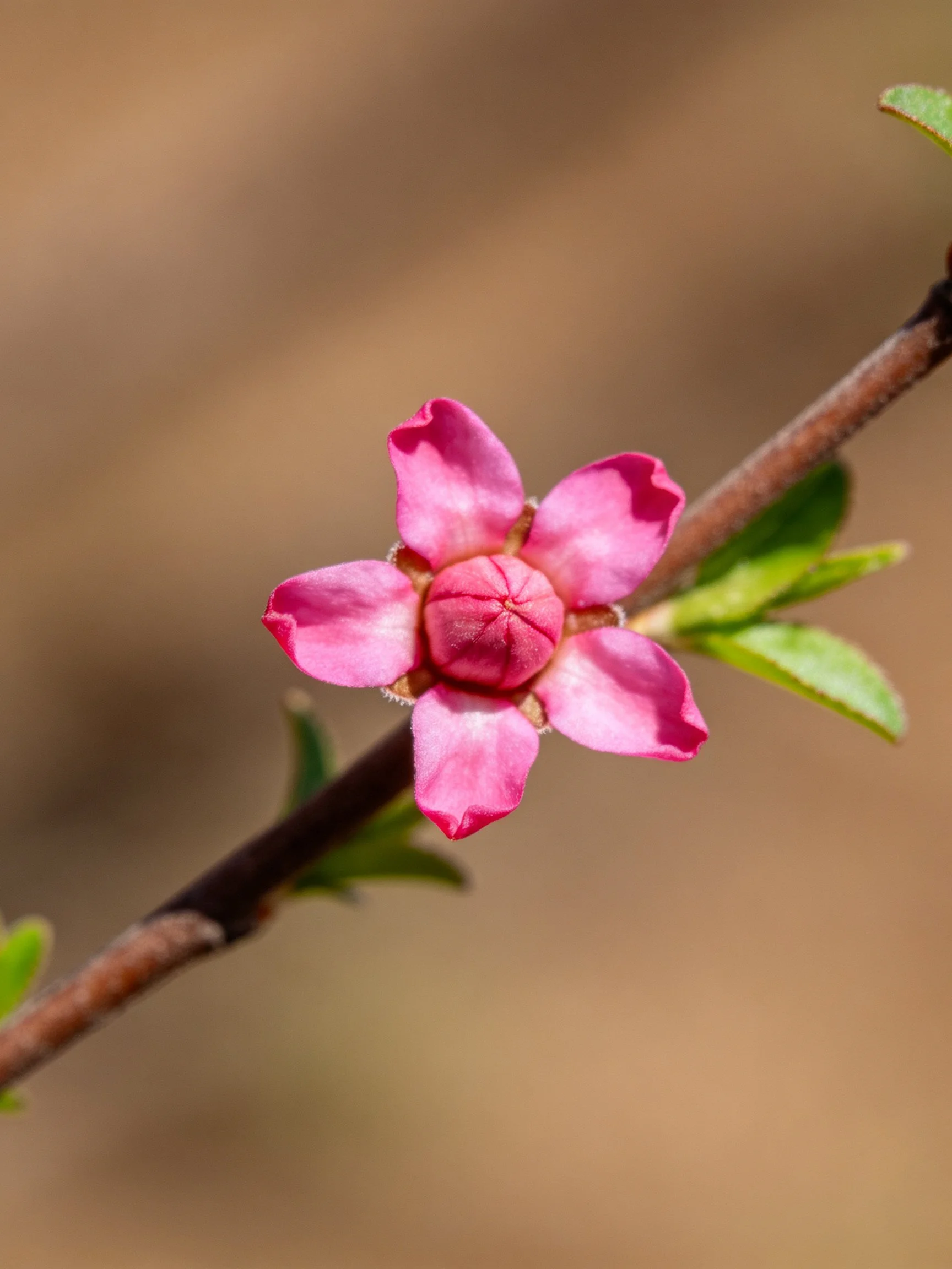 A small pink flower with five petals on a brown branch