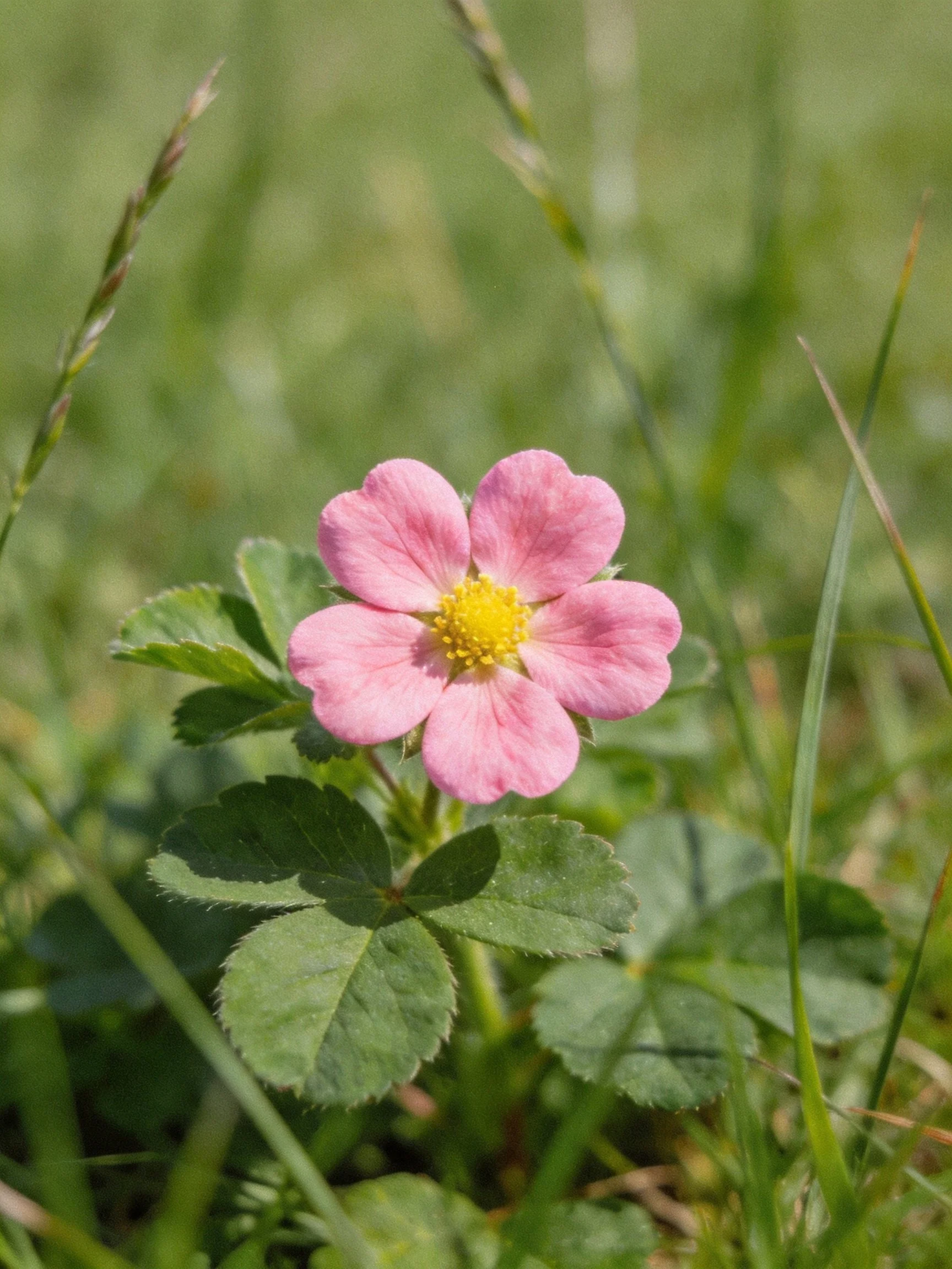 A small pink wildflower with yellow center in green surroundings