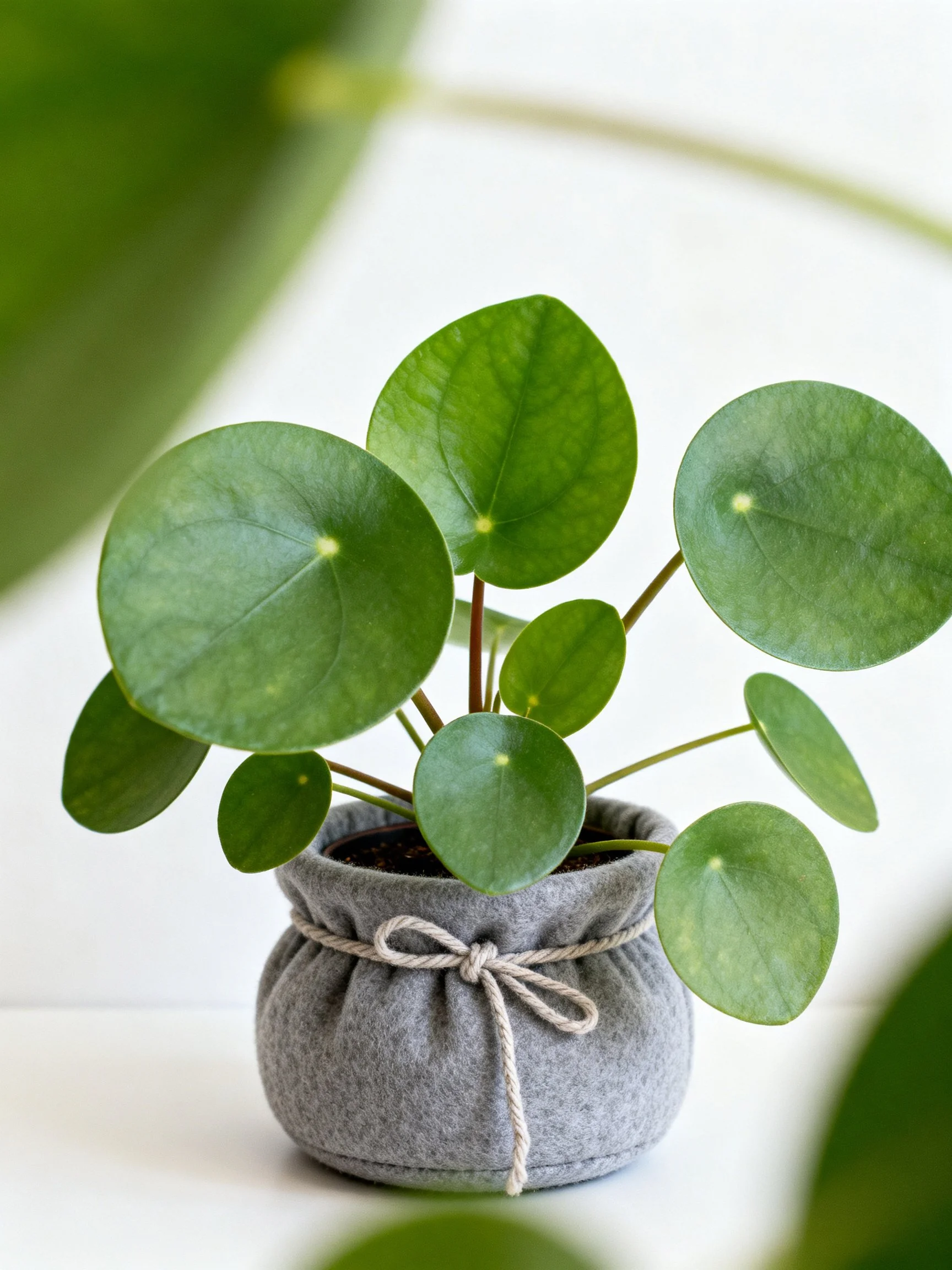 A small plant with round green leaves in a gray felt pot