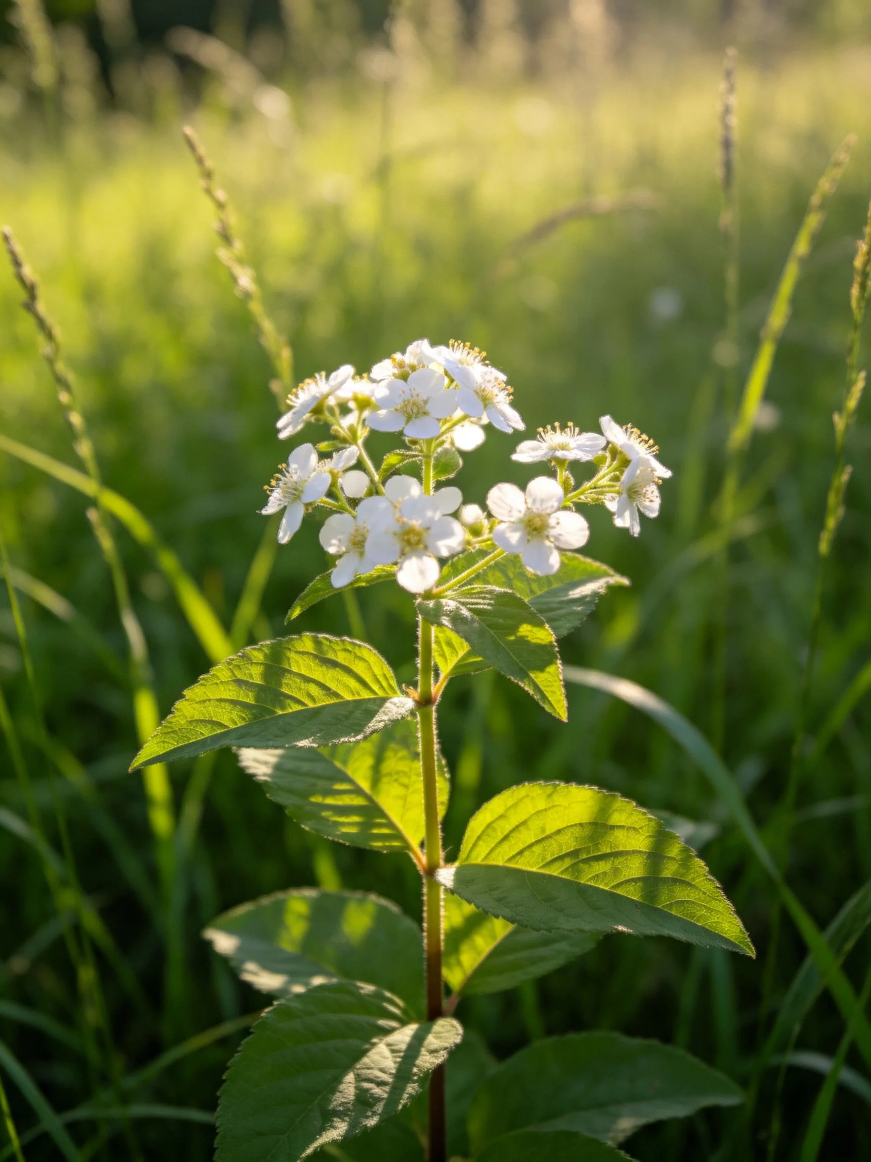 A small plant with white clustered blooms and broad green leaves in a sun-drenched meadow