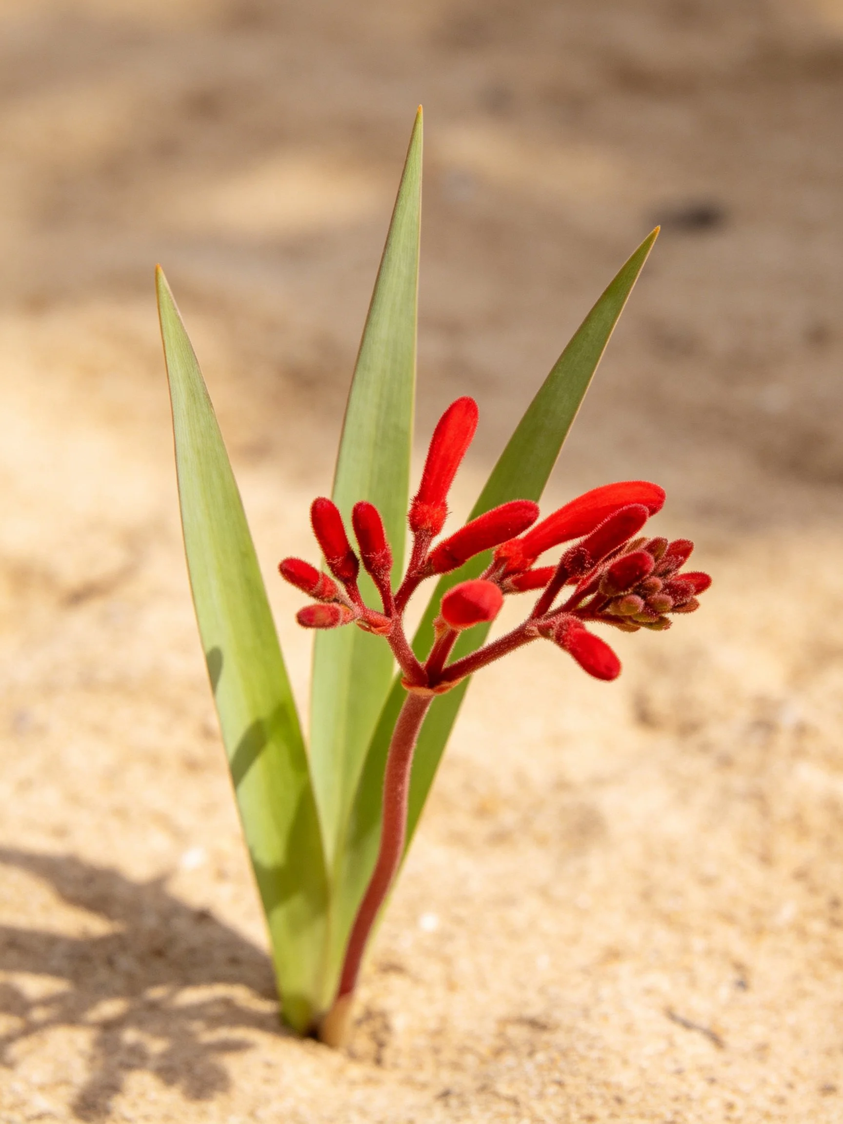 A small plant withvivid red flower buds and slender green leaves in sandy terrain