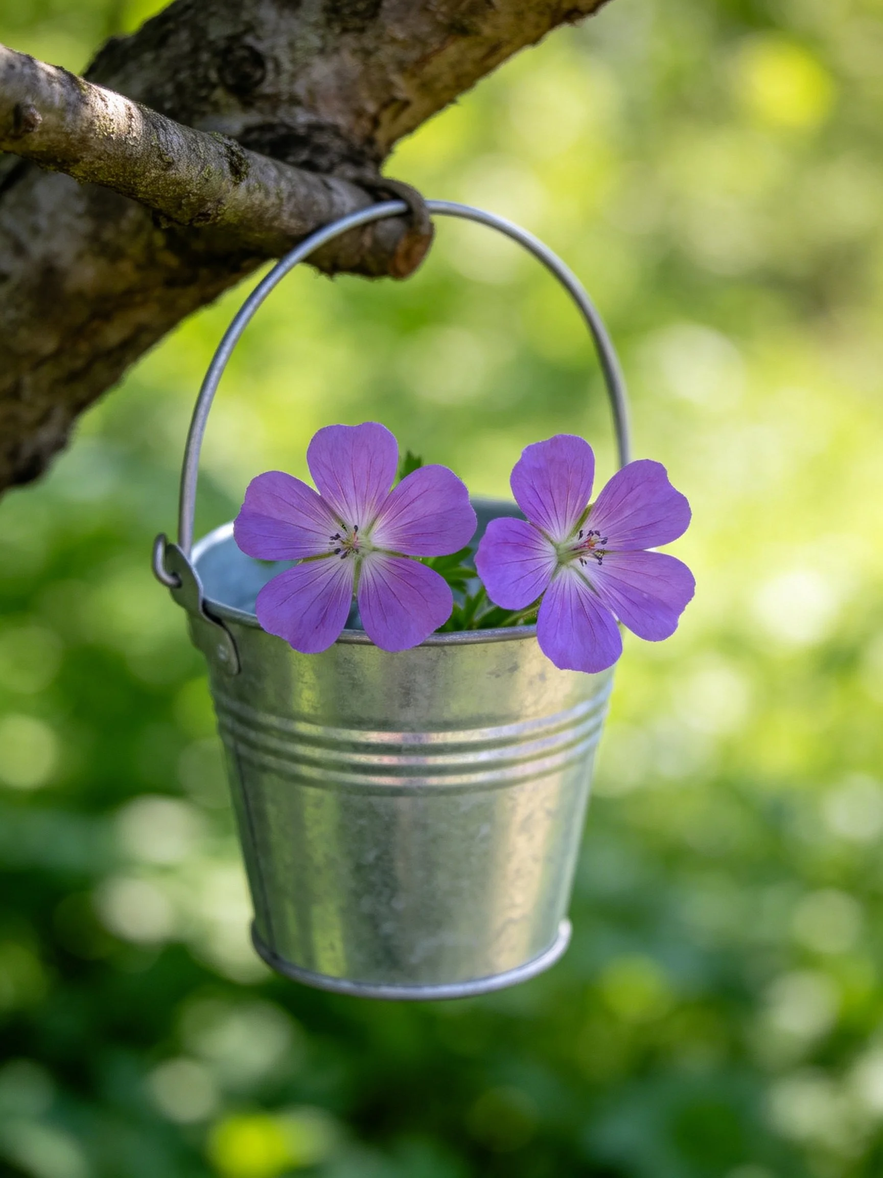 A small silver bucket holds two purple flowers from a tree branch