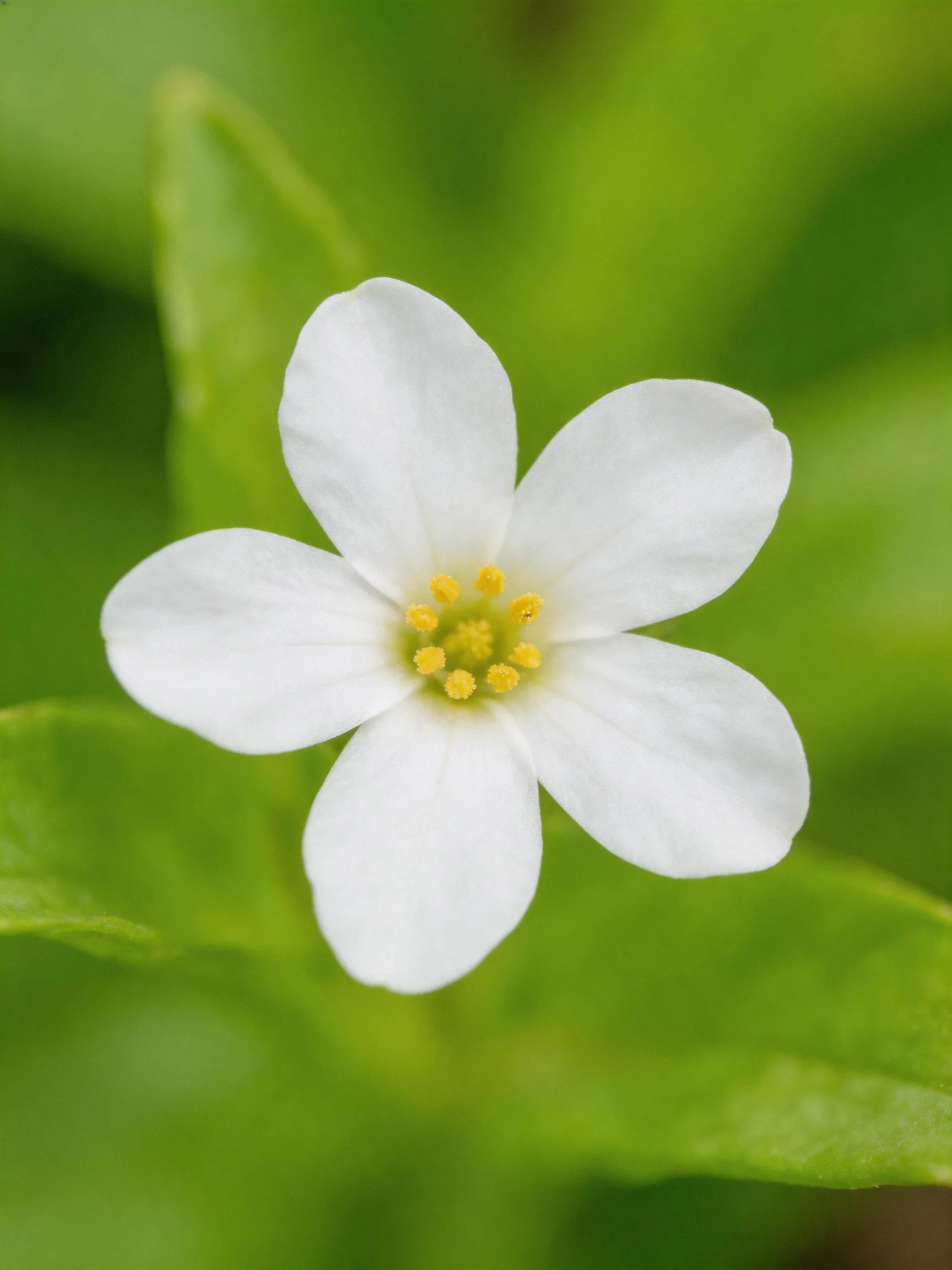 A small white five - petal flower with yellow center amidst green leaves