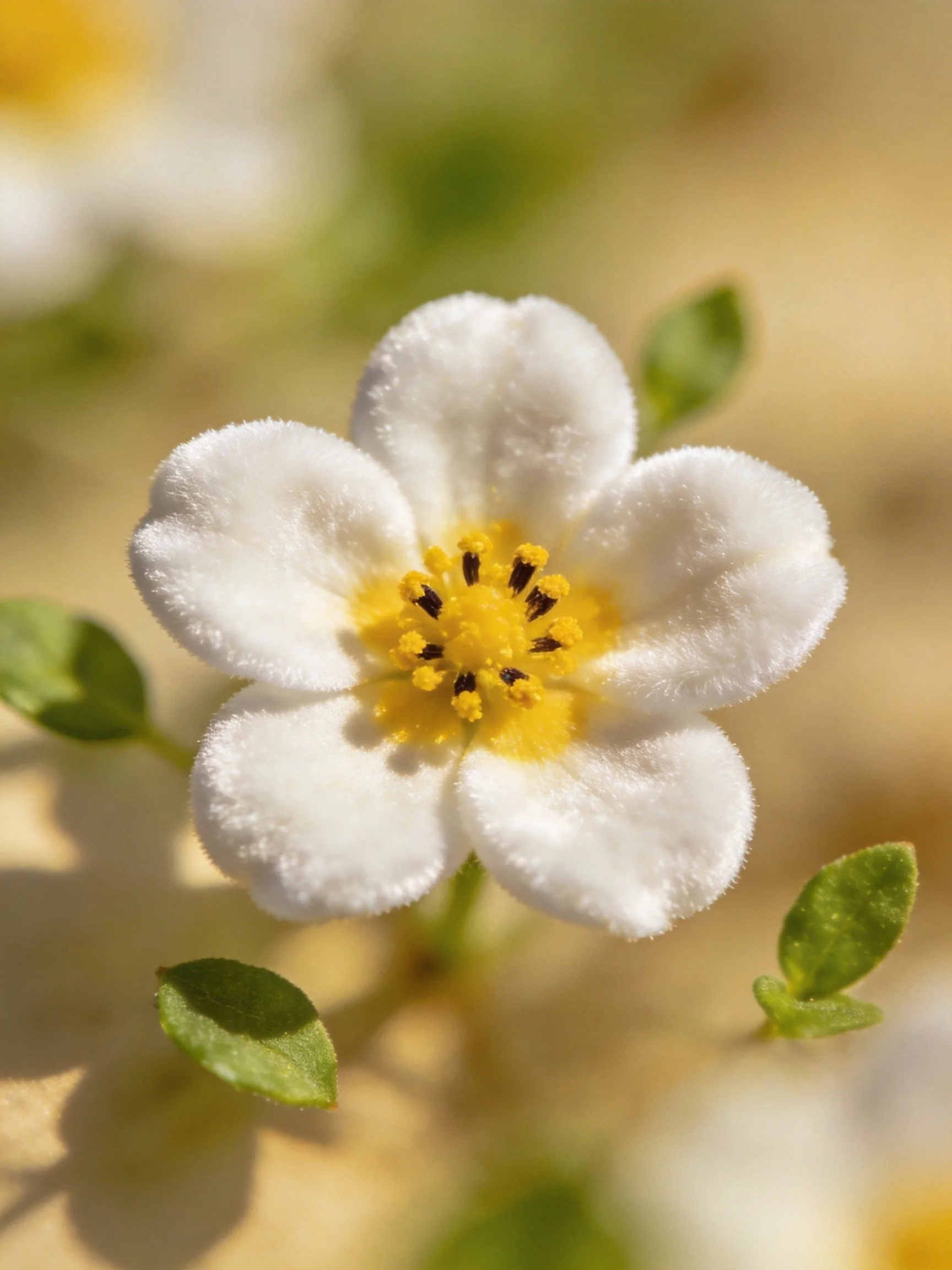 A small white five-petaled flower with yellow center and green leaves