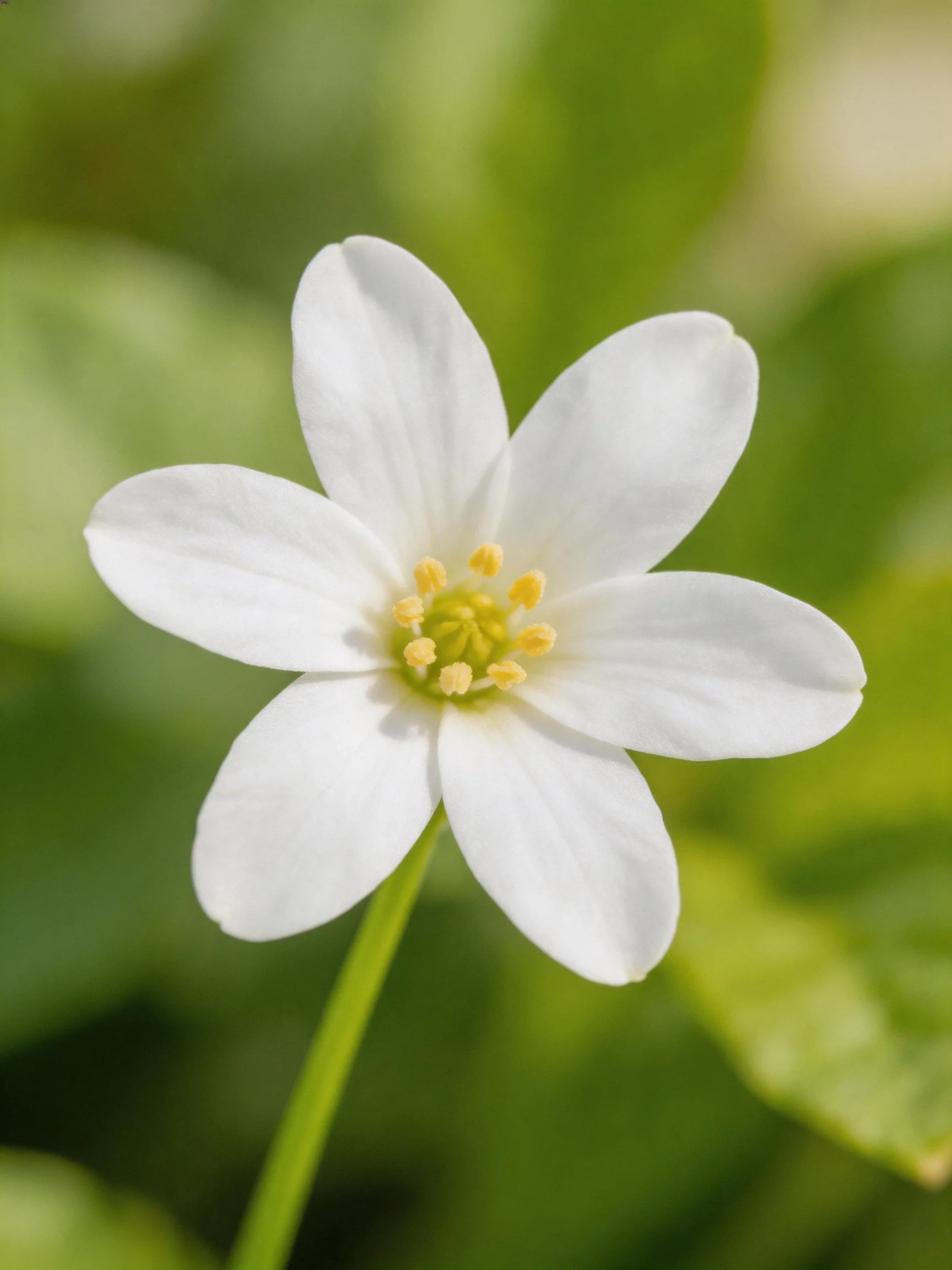 A small white five-petaled flower with yellow stamens and green stem