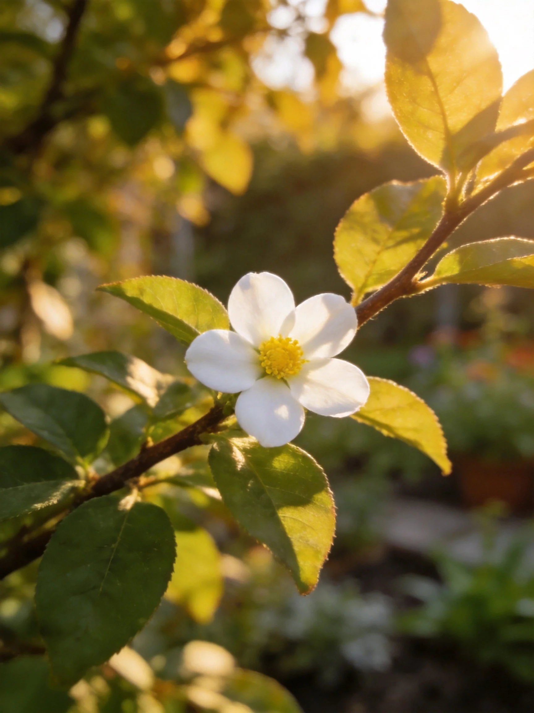 A single white flower with a yellow center is surrounded by golden-green leaves under warm sunlight
