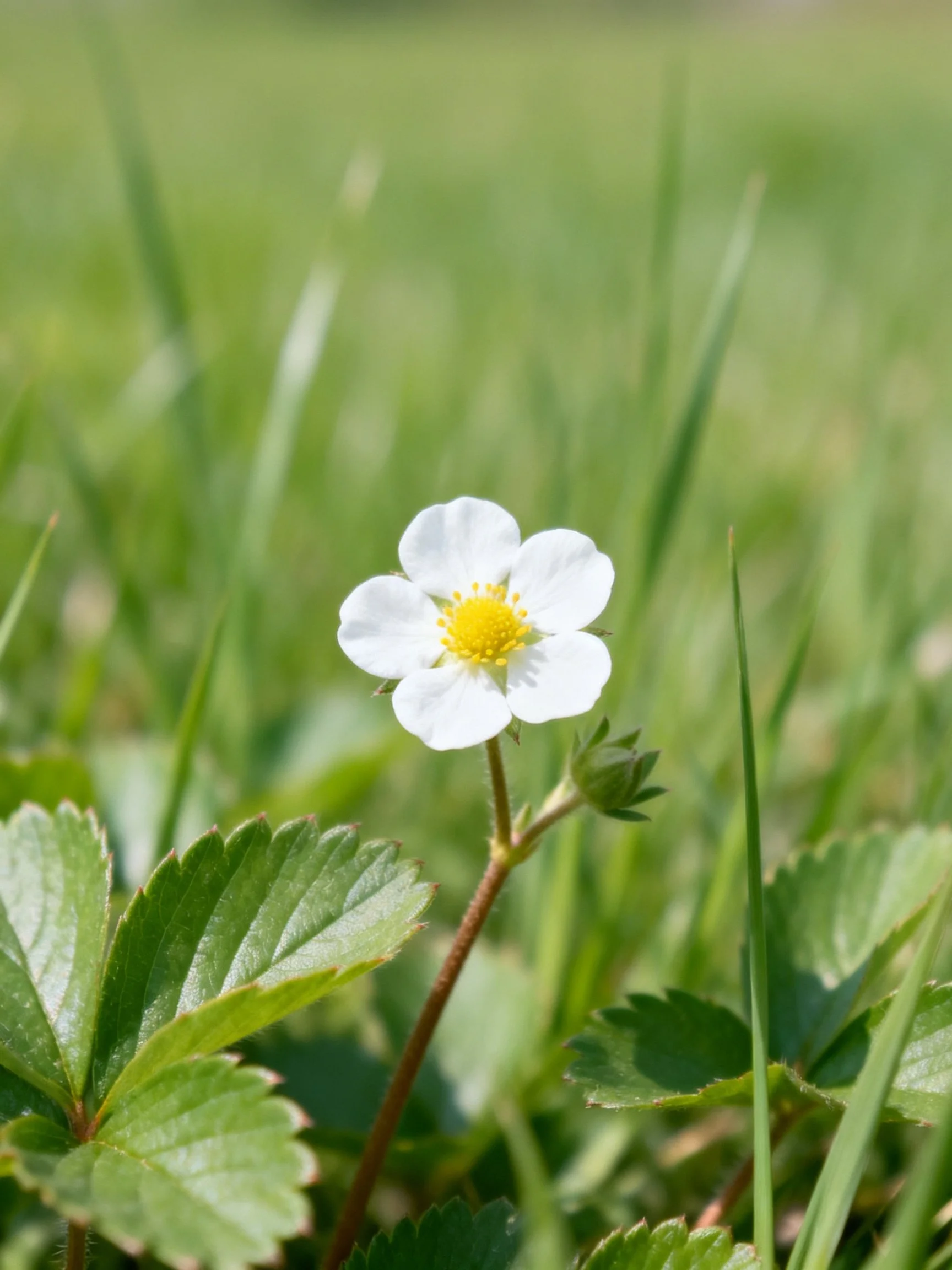 A small white wildflower with a yellow center amid greenery