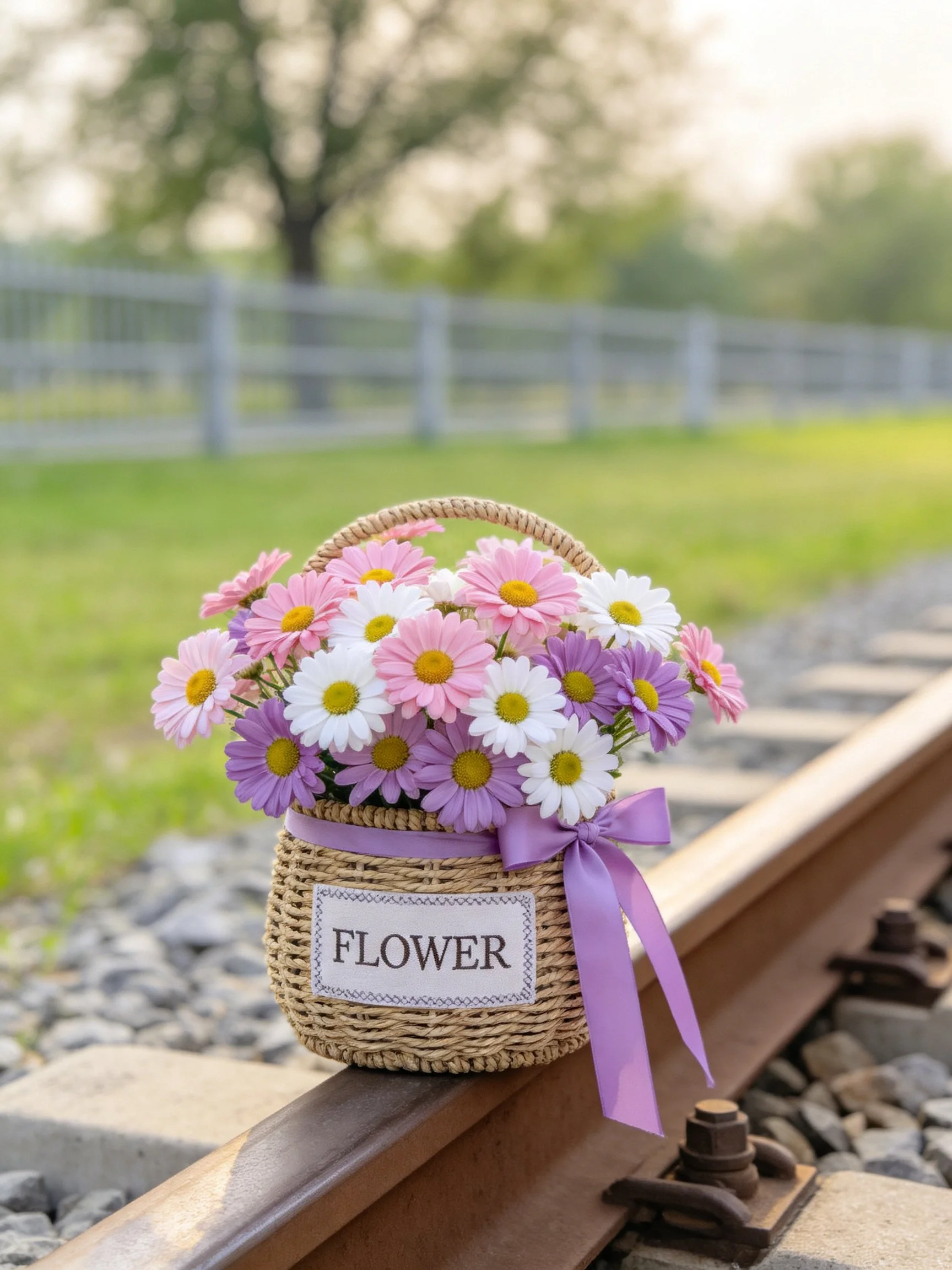 A small wicker basket holds colorful daisies on railroad tracks