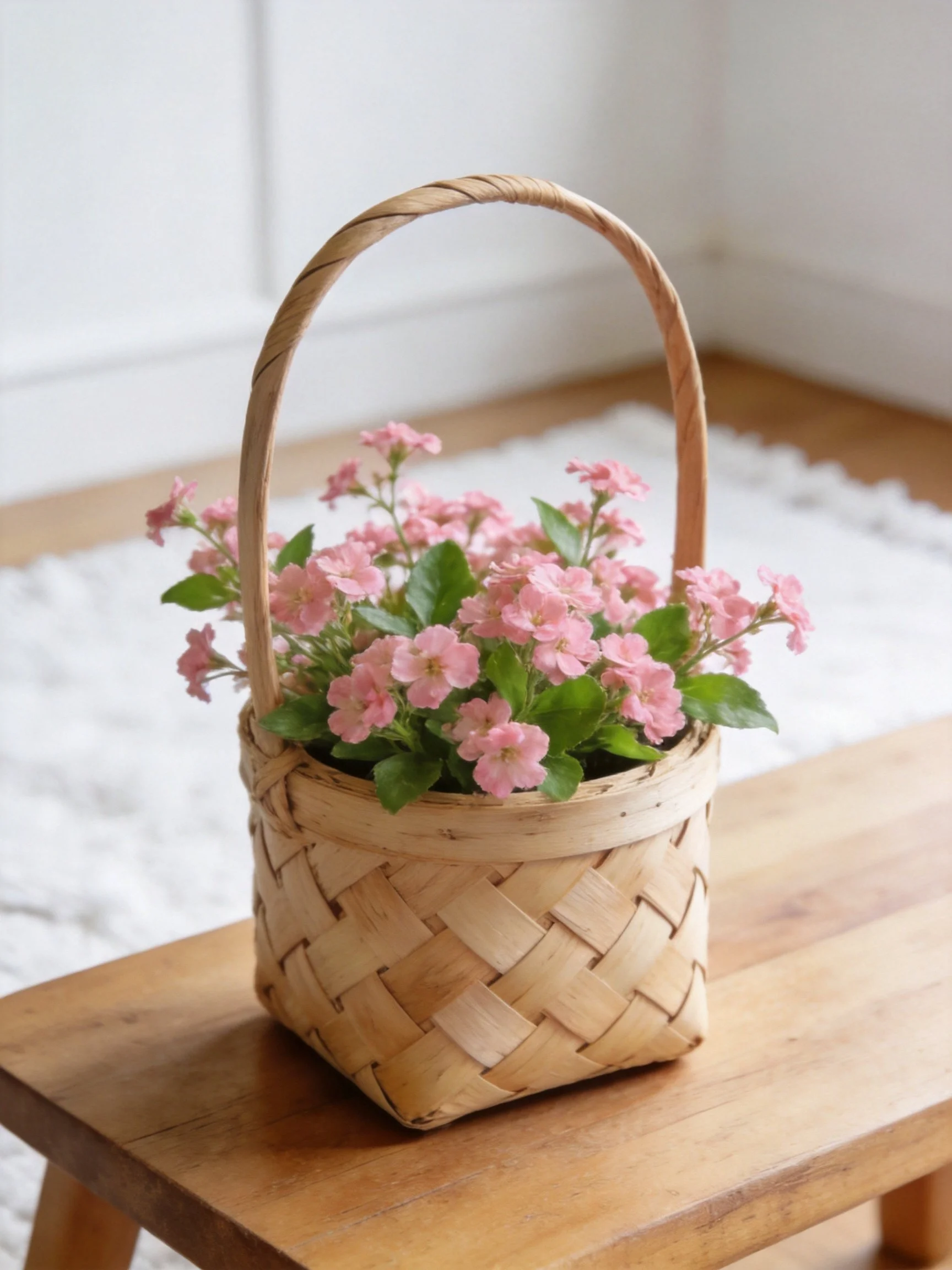 A small woven basket holds pink flowers on a wooden table