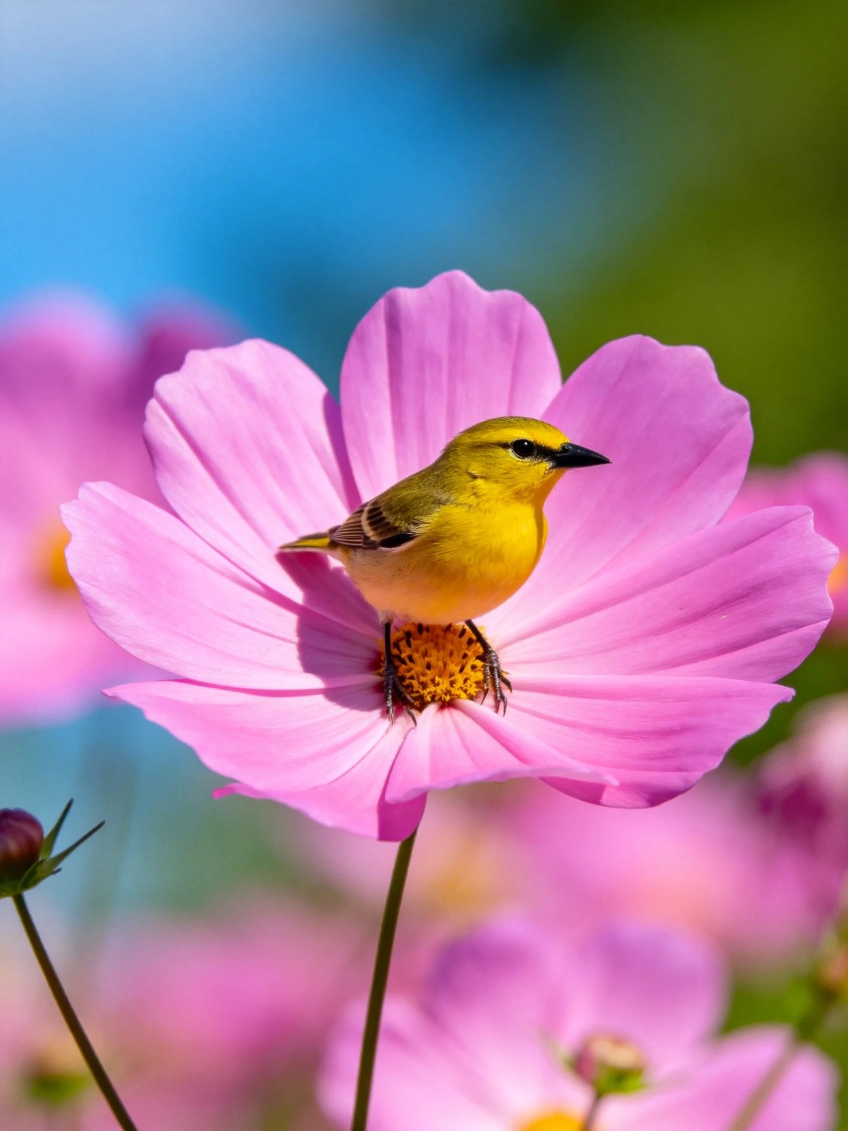 A small yellow bird perches on a vibrant pink cosmos flower
