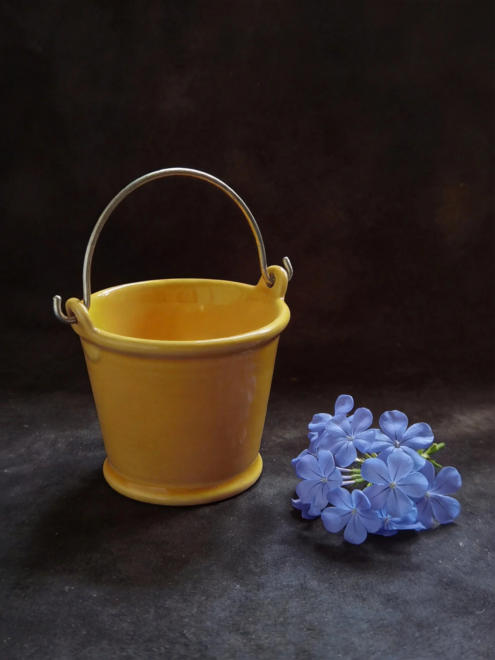 A small yellow bucket with metal handle near blue flower cluster