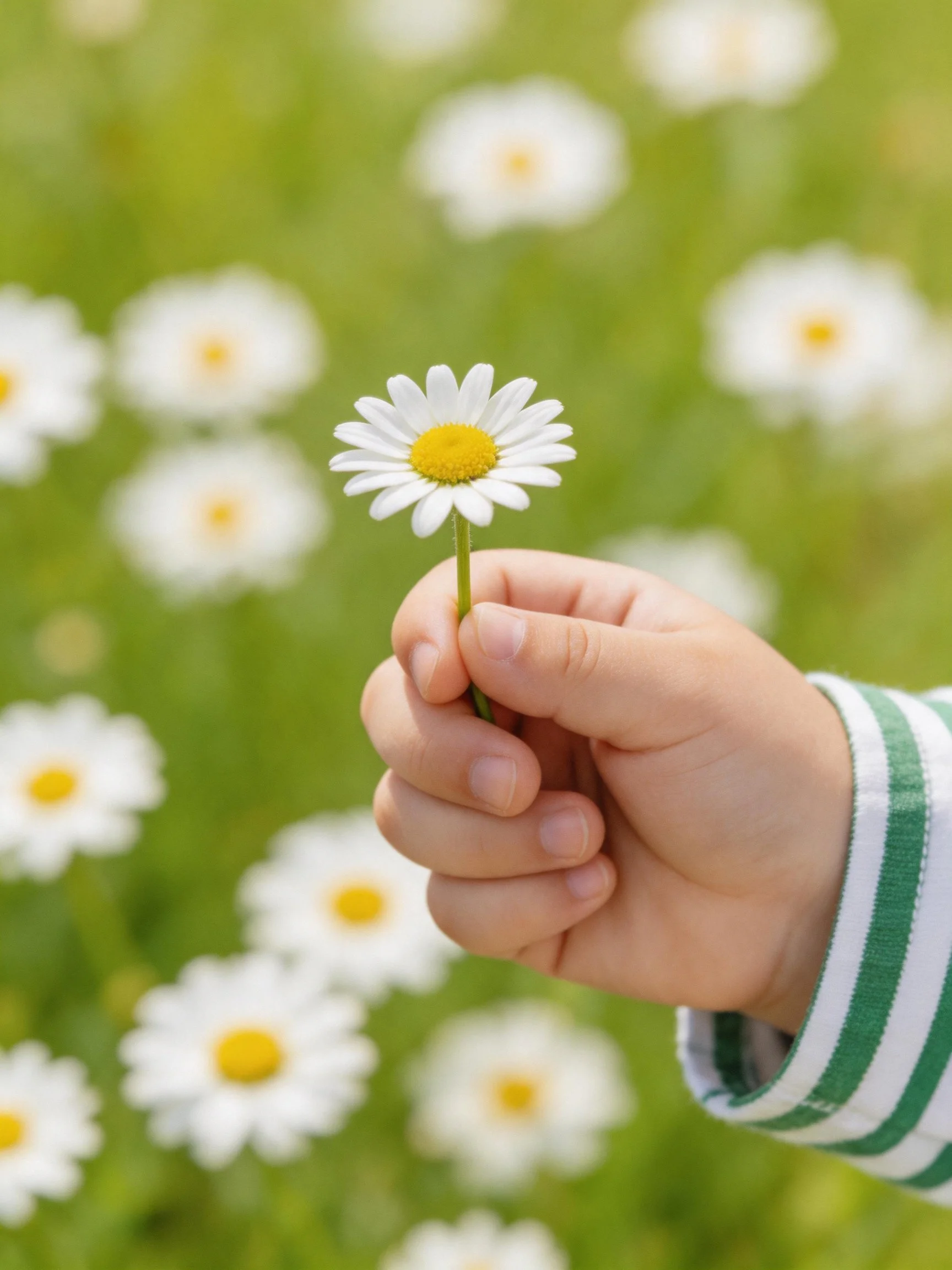 A smallhand grips a daisy amid numerous white blooms