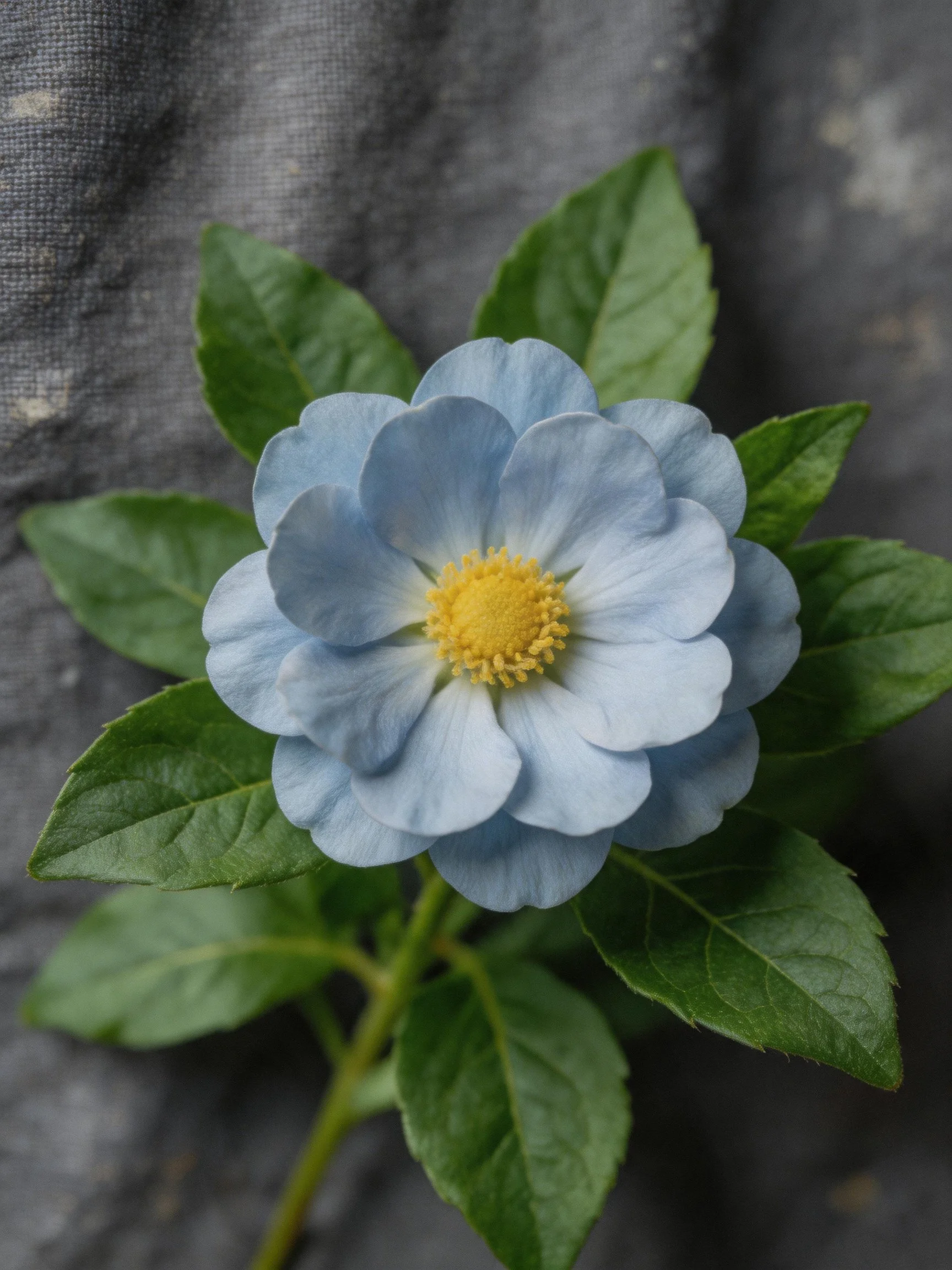 A soft blue flower with lush green leaves and a golden center