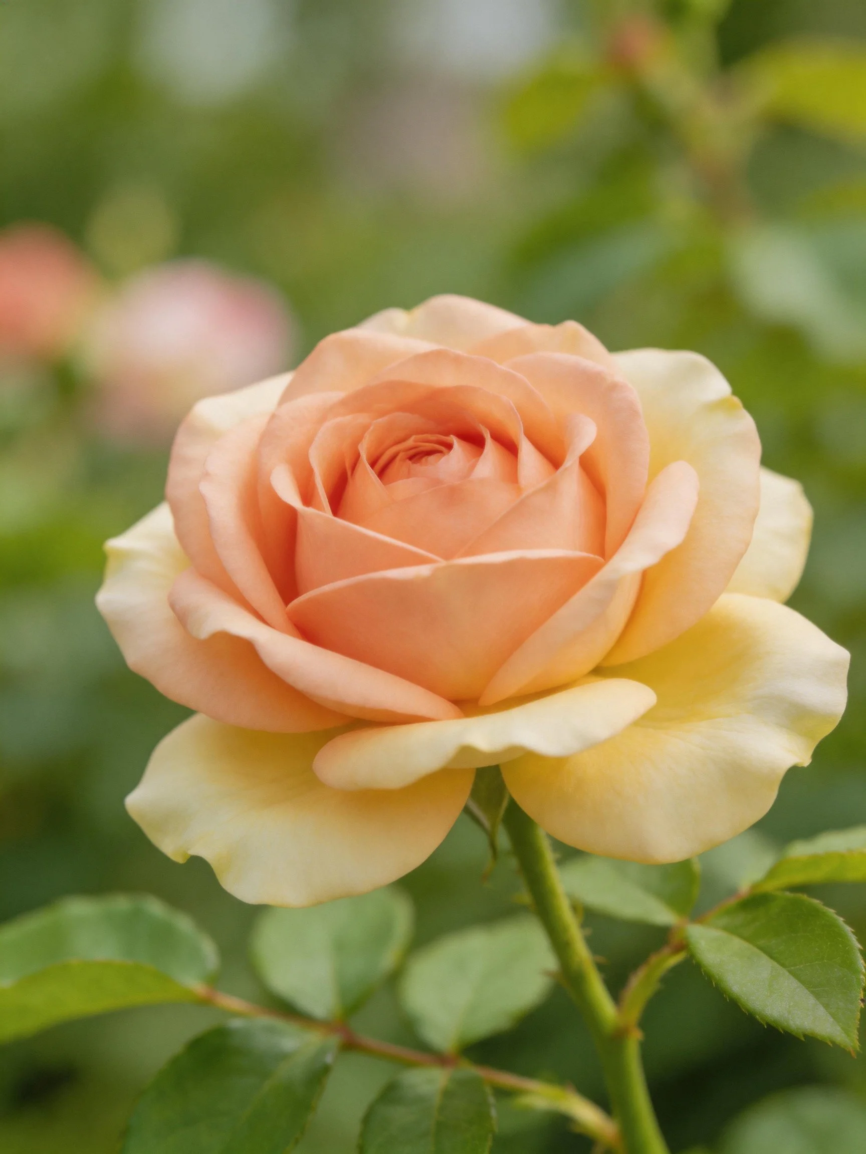 A soft peach rose blooming amid green foliage