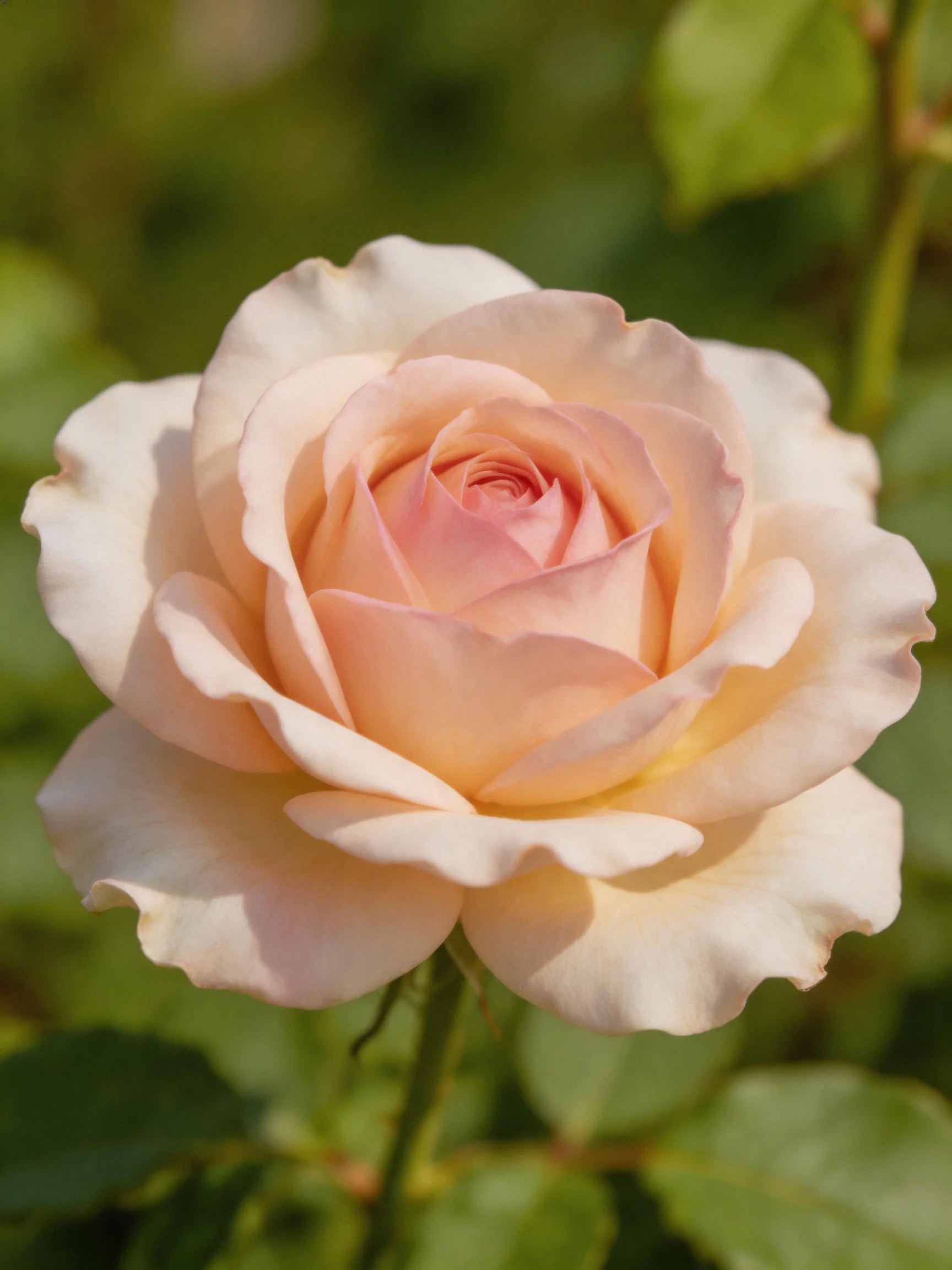 A soft peach rose blooms among green foliage