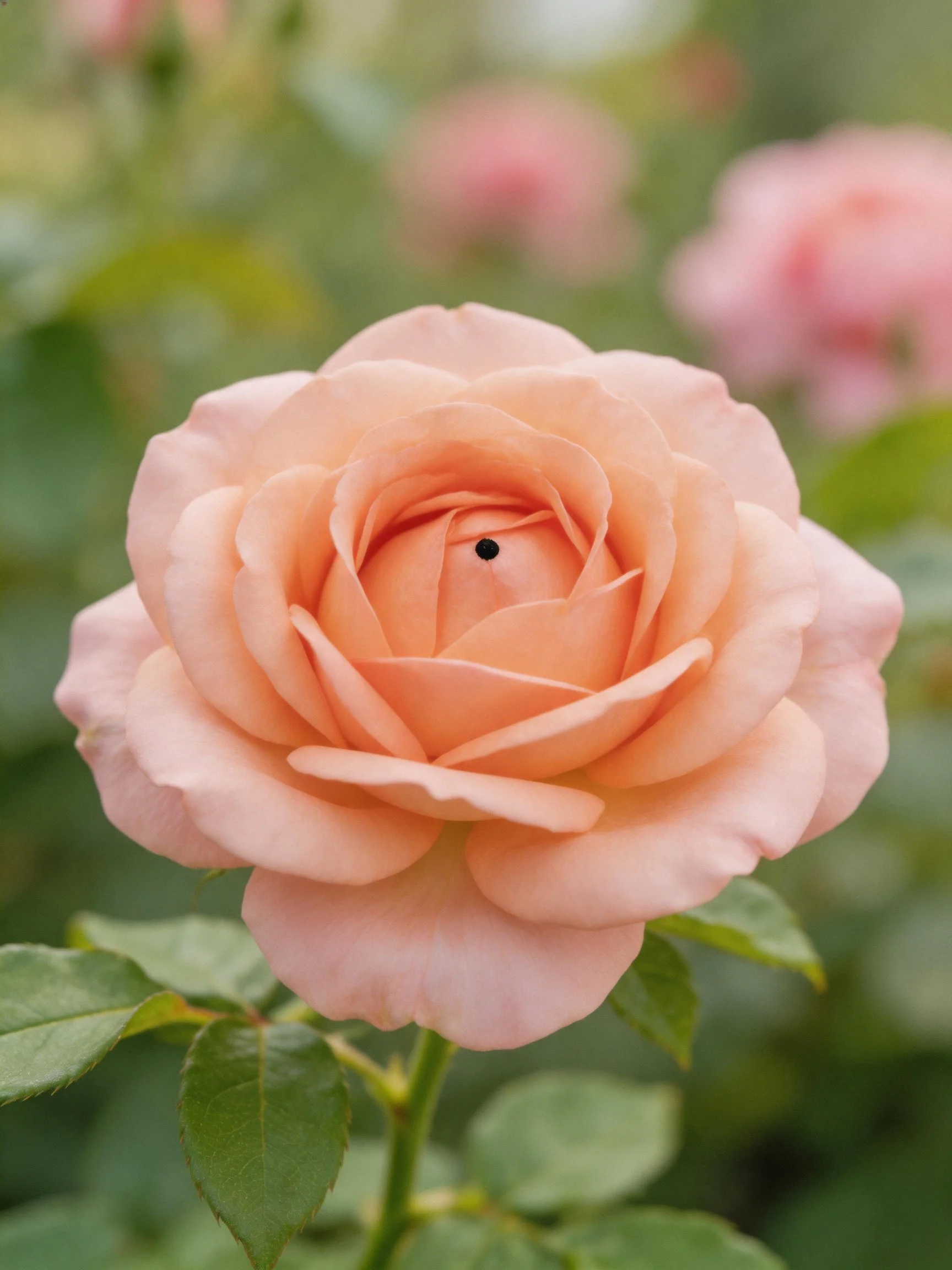 A soft peach rose in sharp focus with green foliage and blurred background