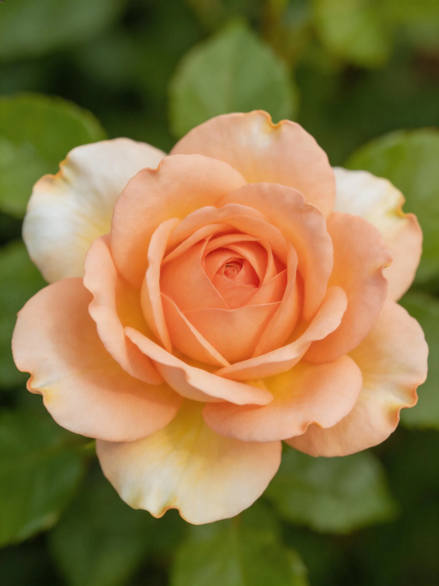 A soft peach rose with creamy edges, surrounded by dark green leaves