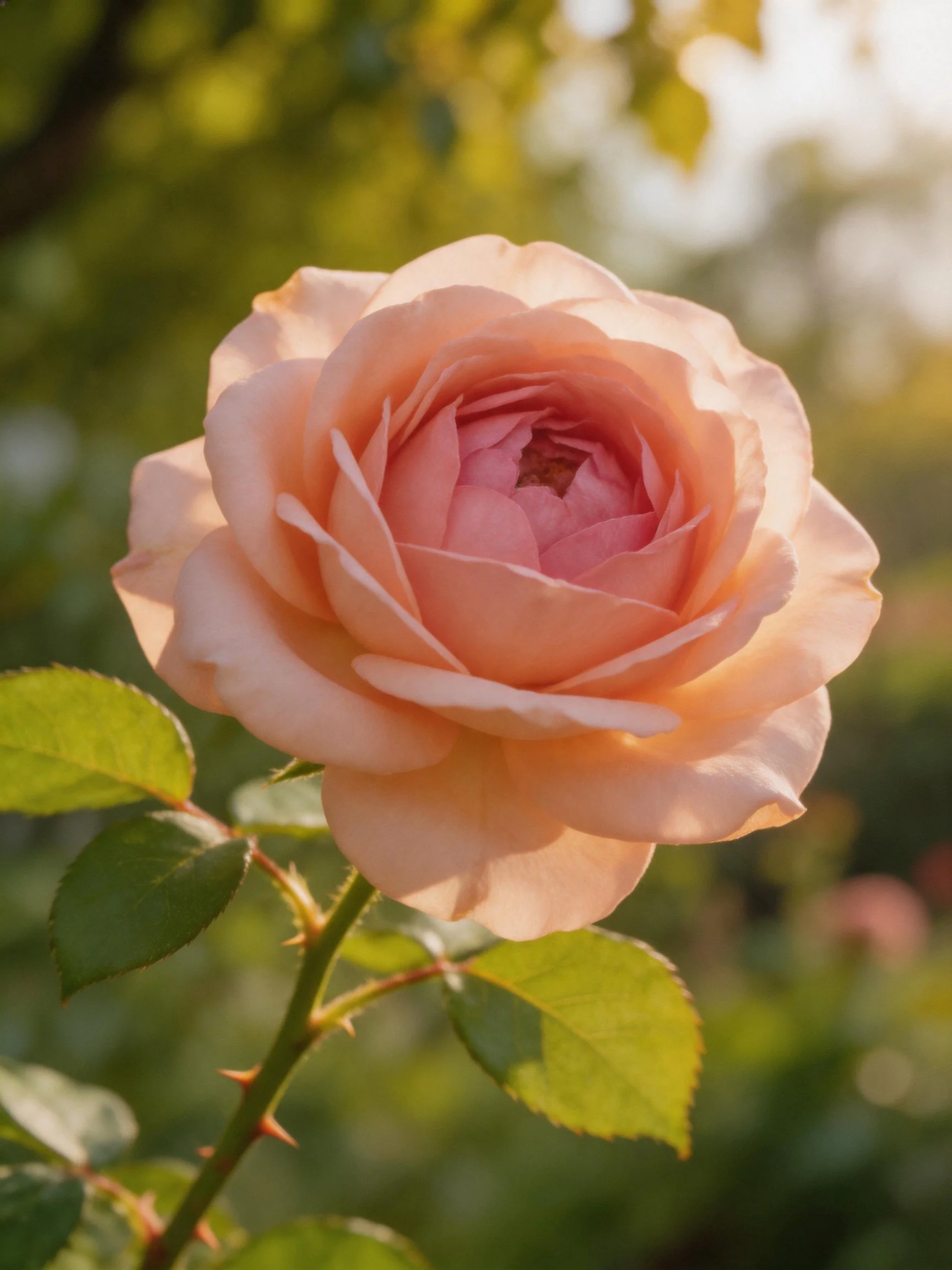A soft peach rose with layered petals against green foliage