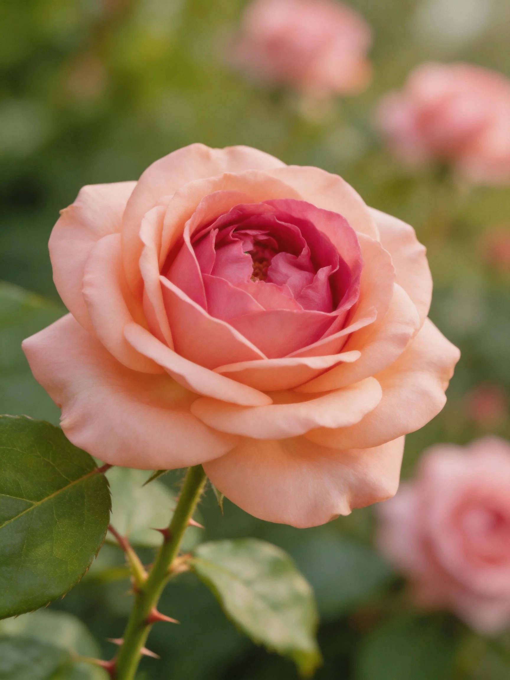 A soft peach rose with layered petals and green foliage