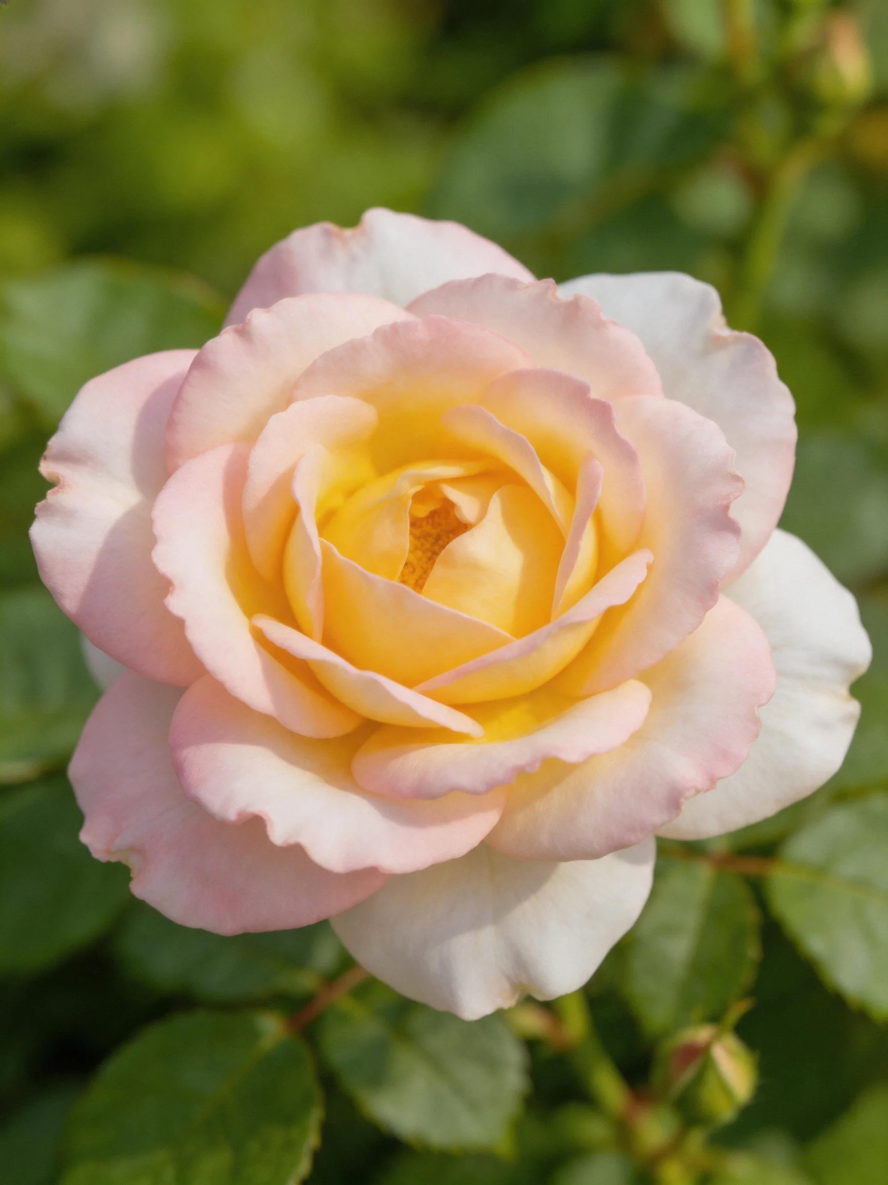 A soft pink and golden rose blooming amid green foliage