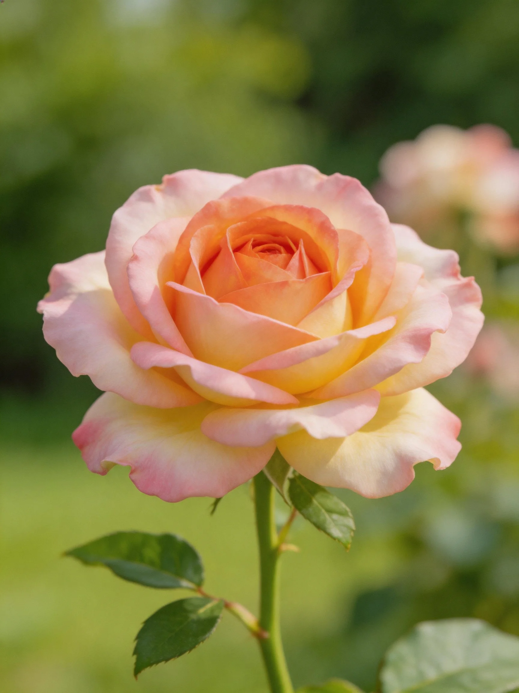 A soft pink and orange rose blooms with a blurred green backdrop