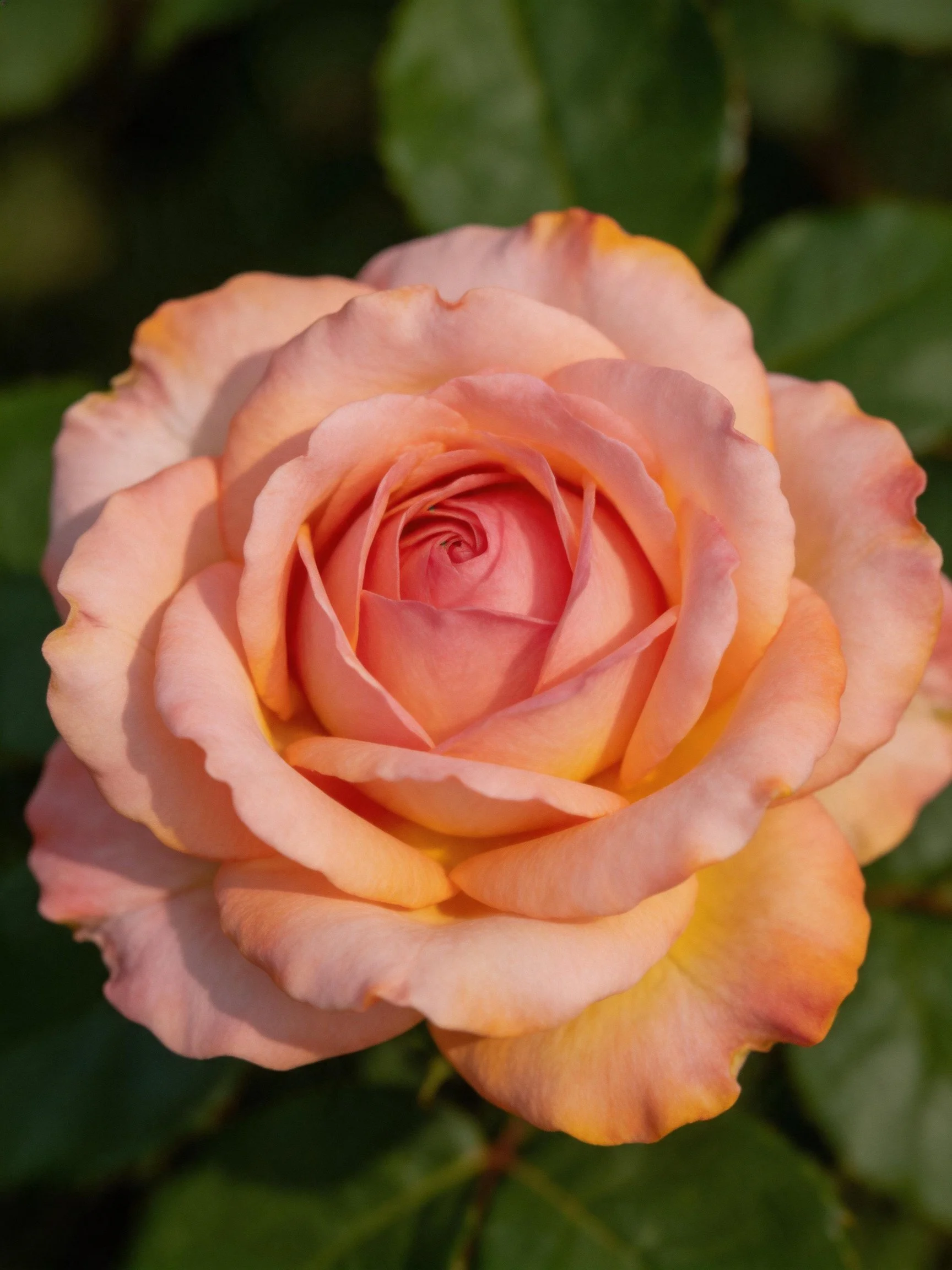 A soft pink and orange rose with dark green foliage