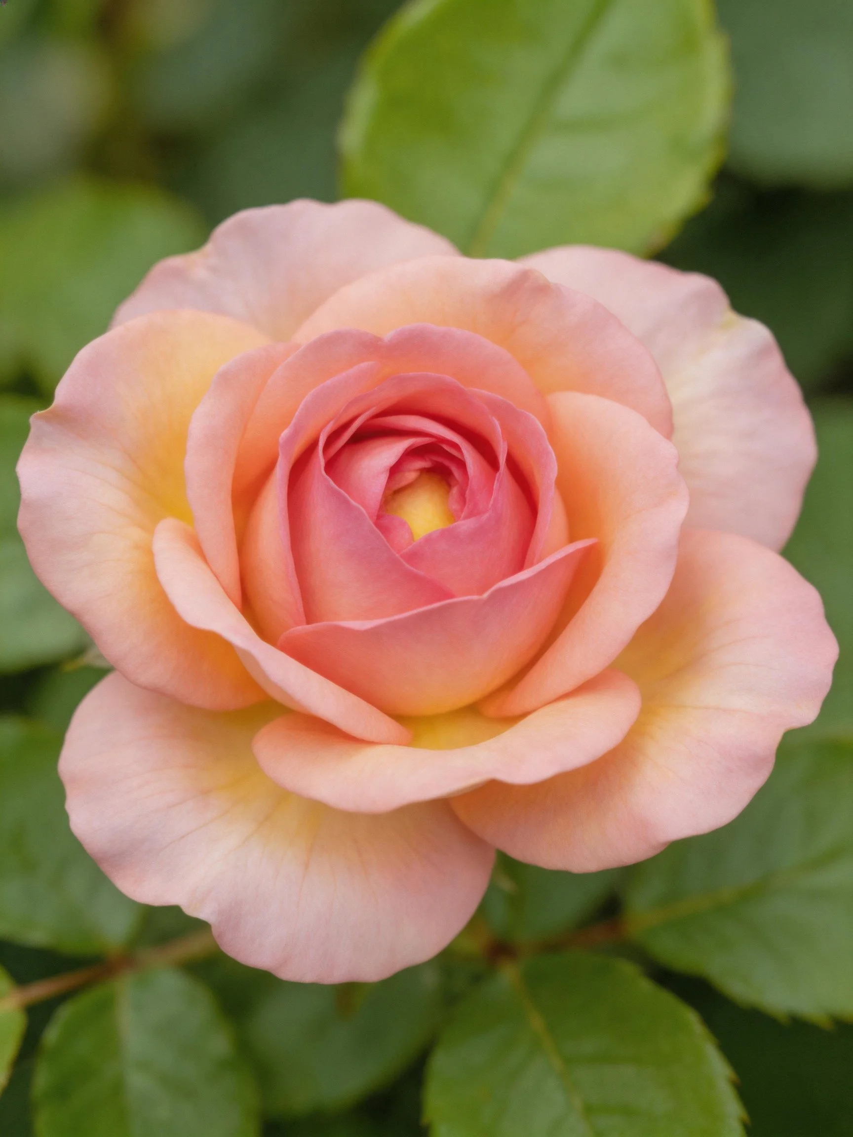 A soft pink and peach rose blooming among lush green leaves