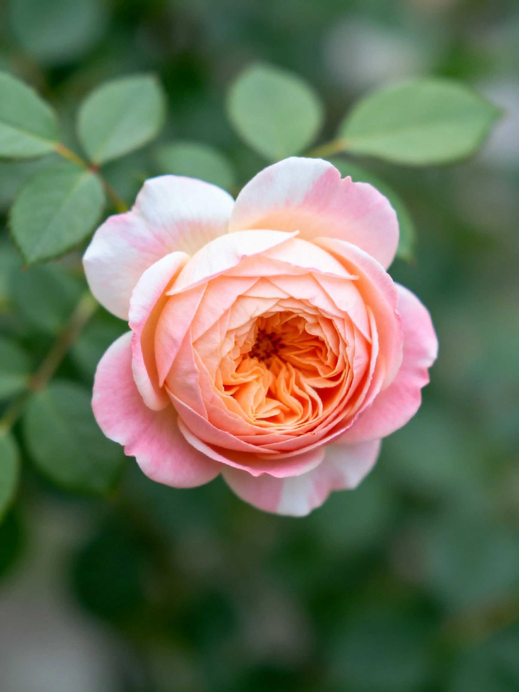 A soft pink and peach rose with green foliage