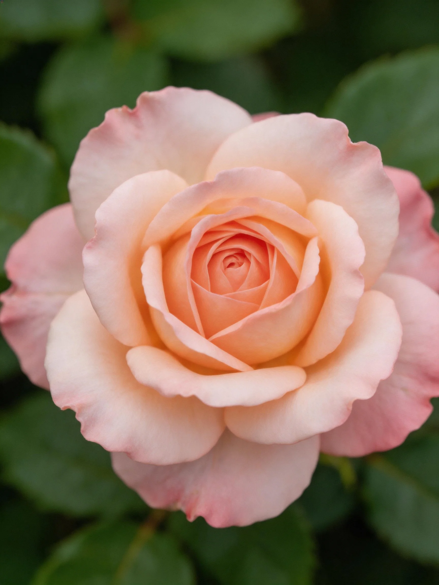 A soft pink and peach rose with lush green foliage