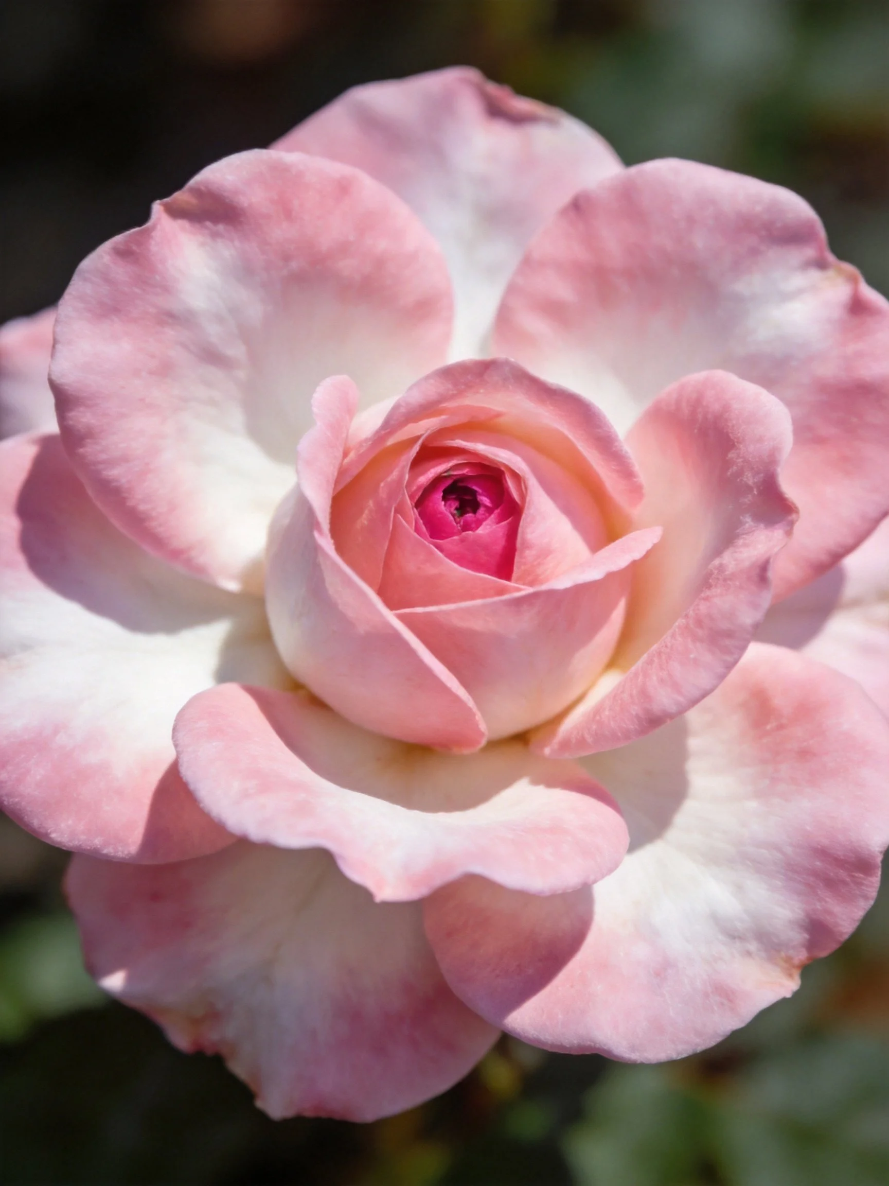 A soft pink and white rose in full bloom