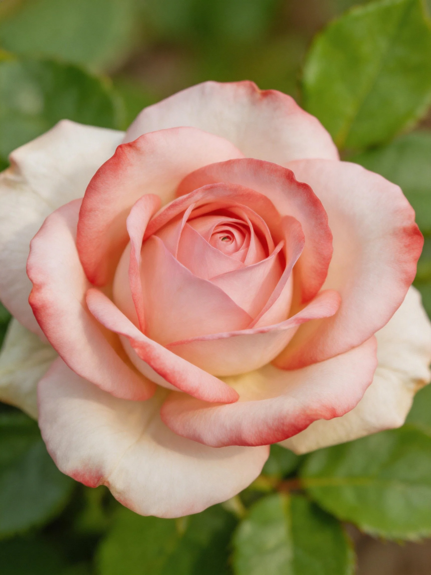 A soft pink and white rose with green foliage