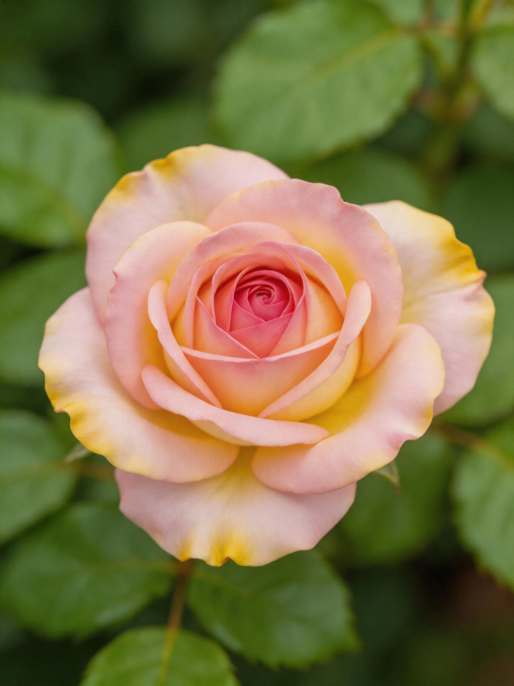 A soft pink and yellow rose blooming among green foliage