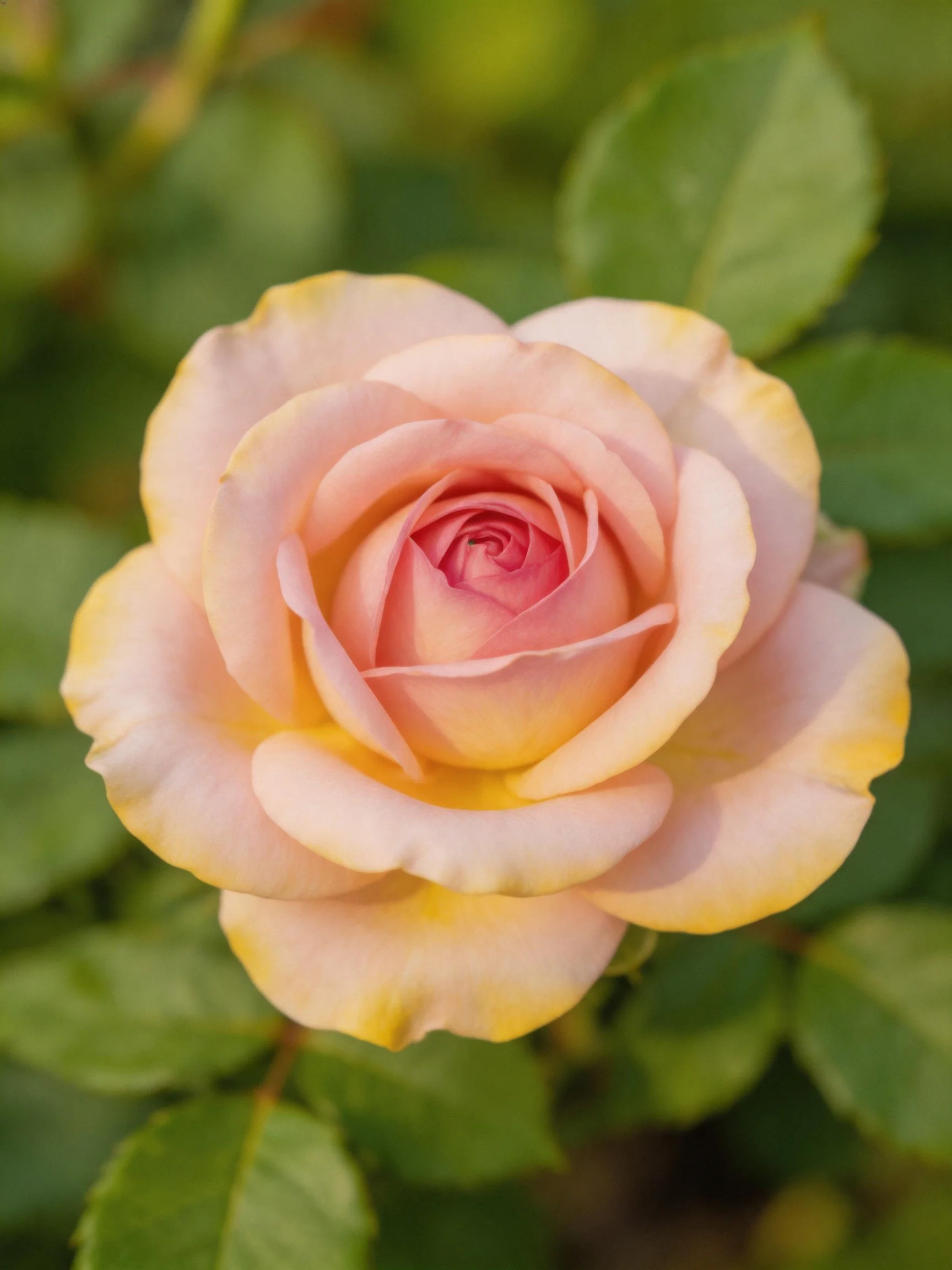 A soft pink and yellow rose blooms amid green foliage
