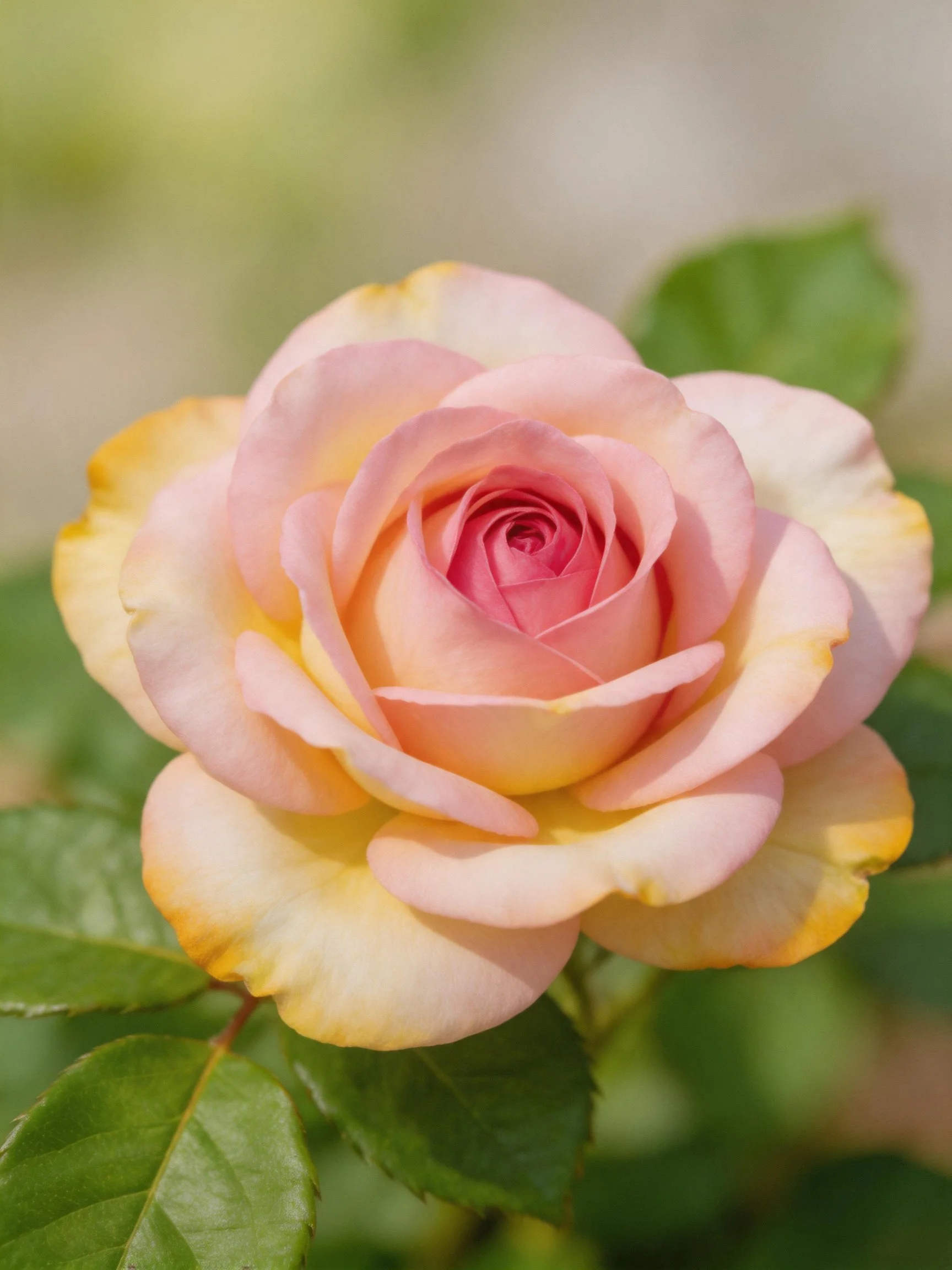 A soft pink and yellow rose blooms amid green leaves