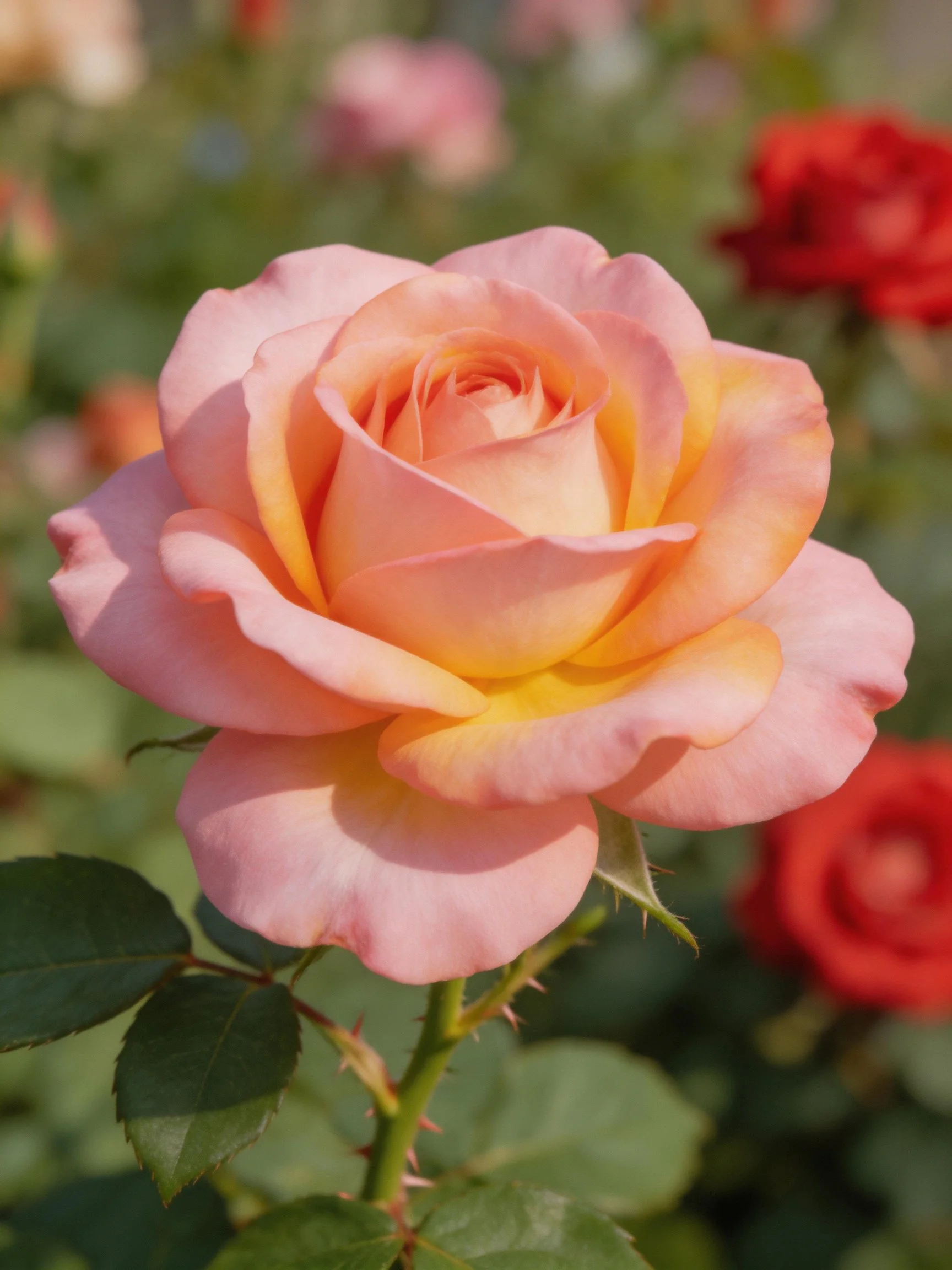 A soft pink and yellow rose with green foliage and thorns