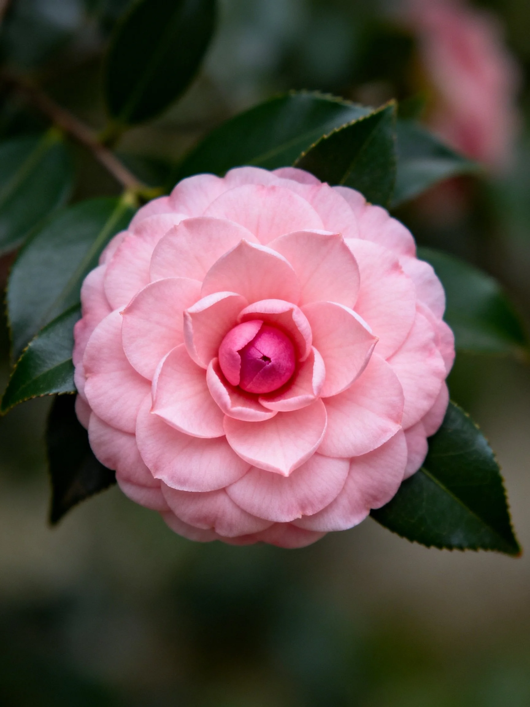 A soft pink camellia flower with glossy dark green leaves