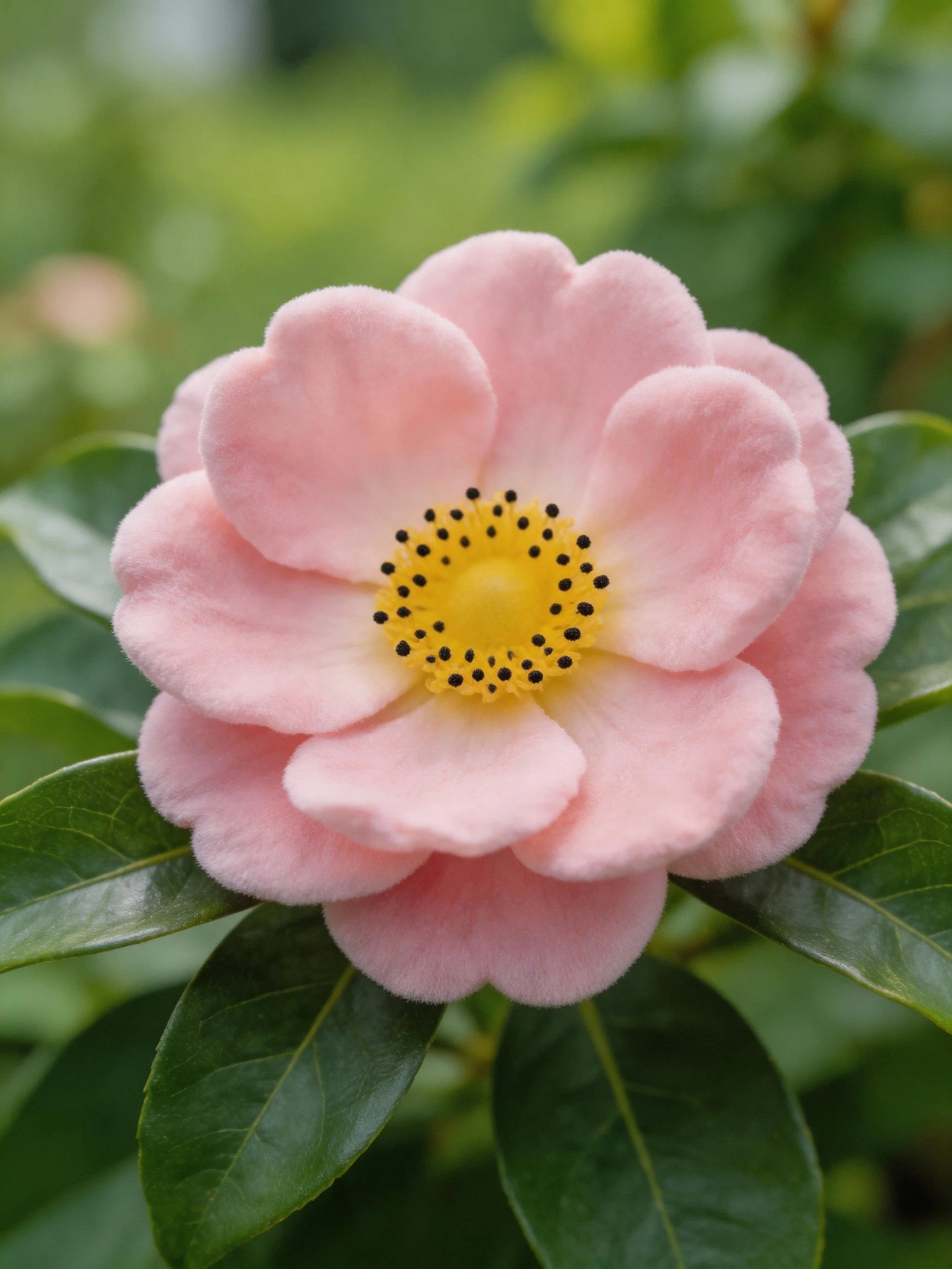 A soft pink camellia with yellow center and dark stamens